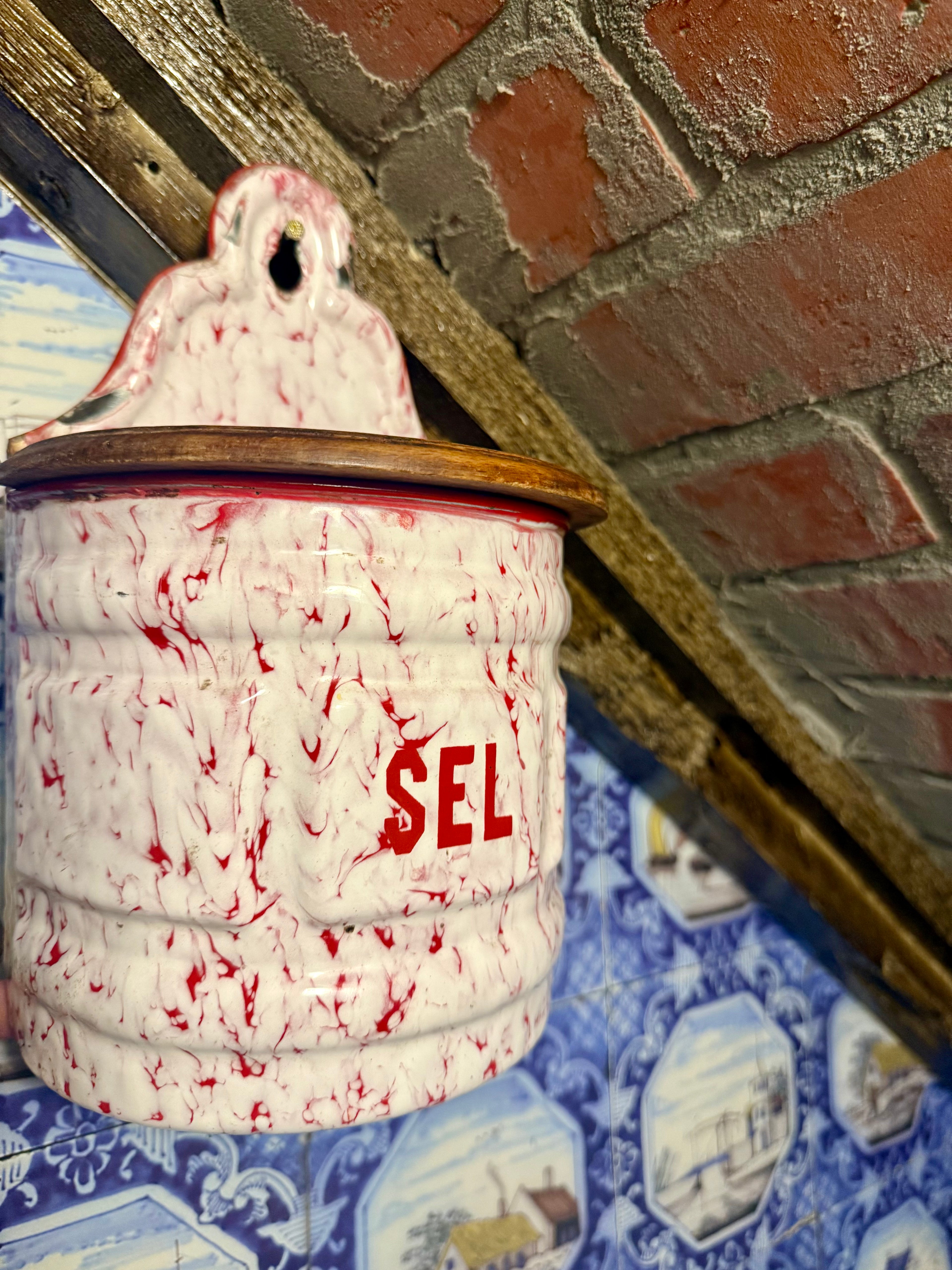 Vintage French Enamel “SEL” Wall Box – Red & White Marbled, Wooden Lid, Circa 1930s–1950s