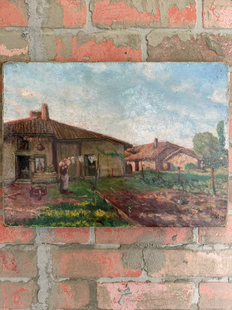 French Provincial Farm Scene Oil Painting – Woman Hanging Laundry