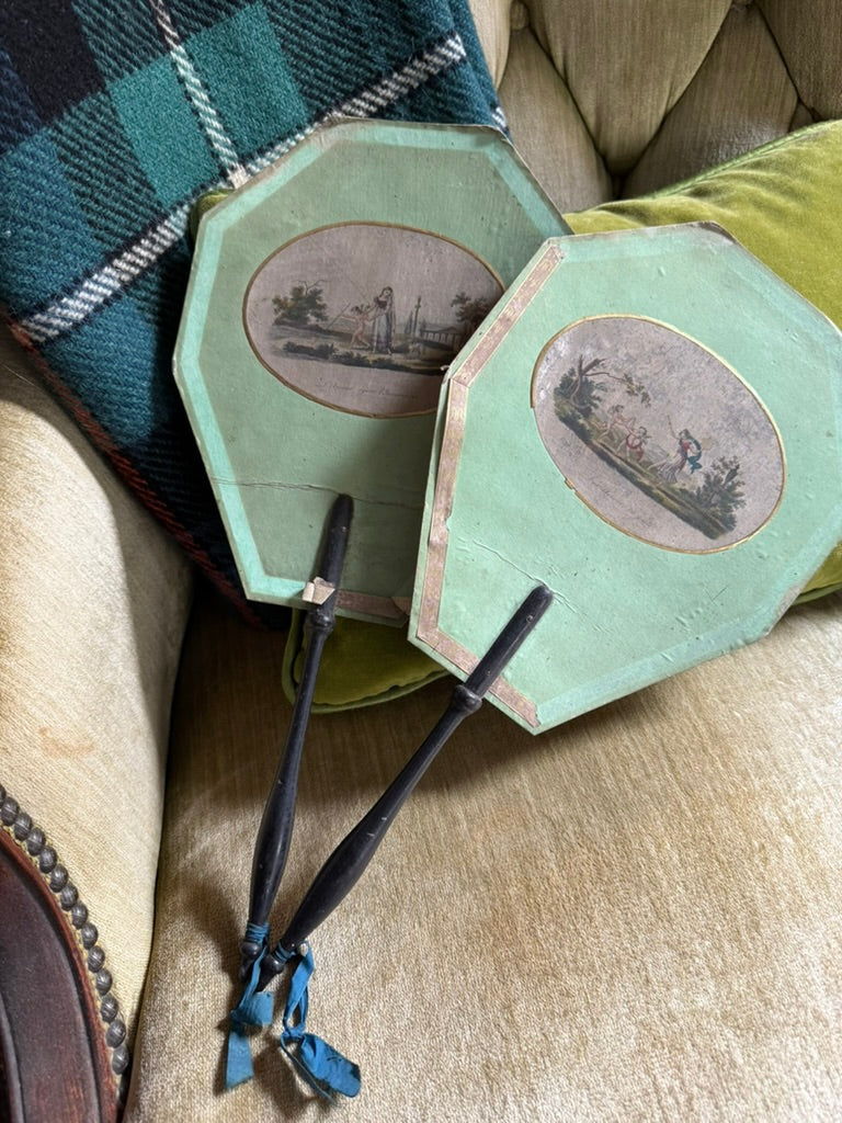 Rare Napoléon III Era Papier-Mâché Hand Fans with Romantic Scenes -