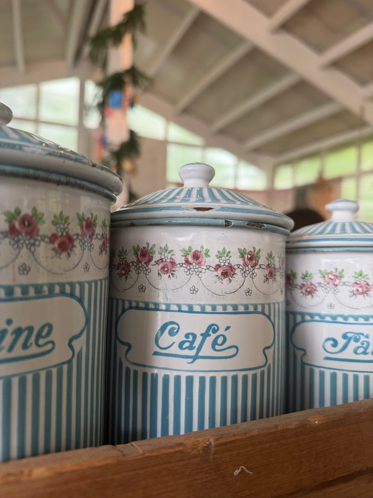 Rare Antique BB Frères Blue & White French Enamel Canisters with Matching Utensil Rack