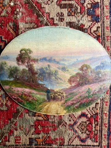 “Shepherdess Among the Heather” – Early 20th Century Pastoral Oval Painting