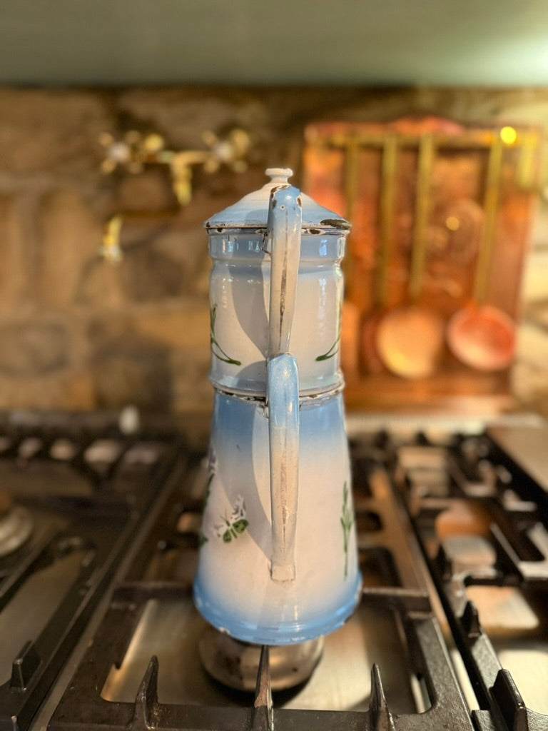 Antique French Enamel Drip Coffee Pot | Hand-Painted Blue & White Floral Cafetière à Filtre