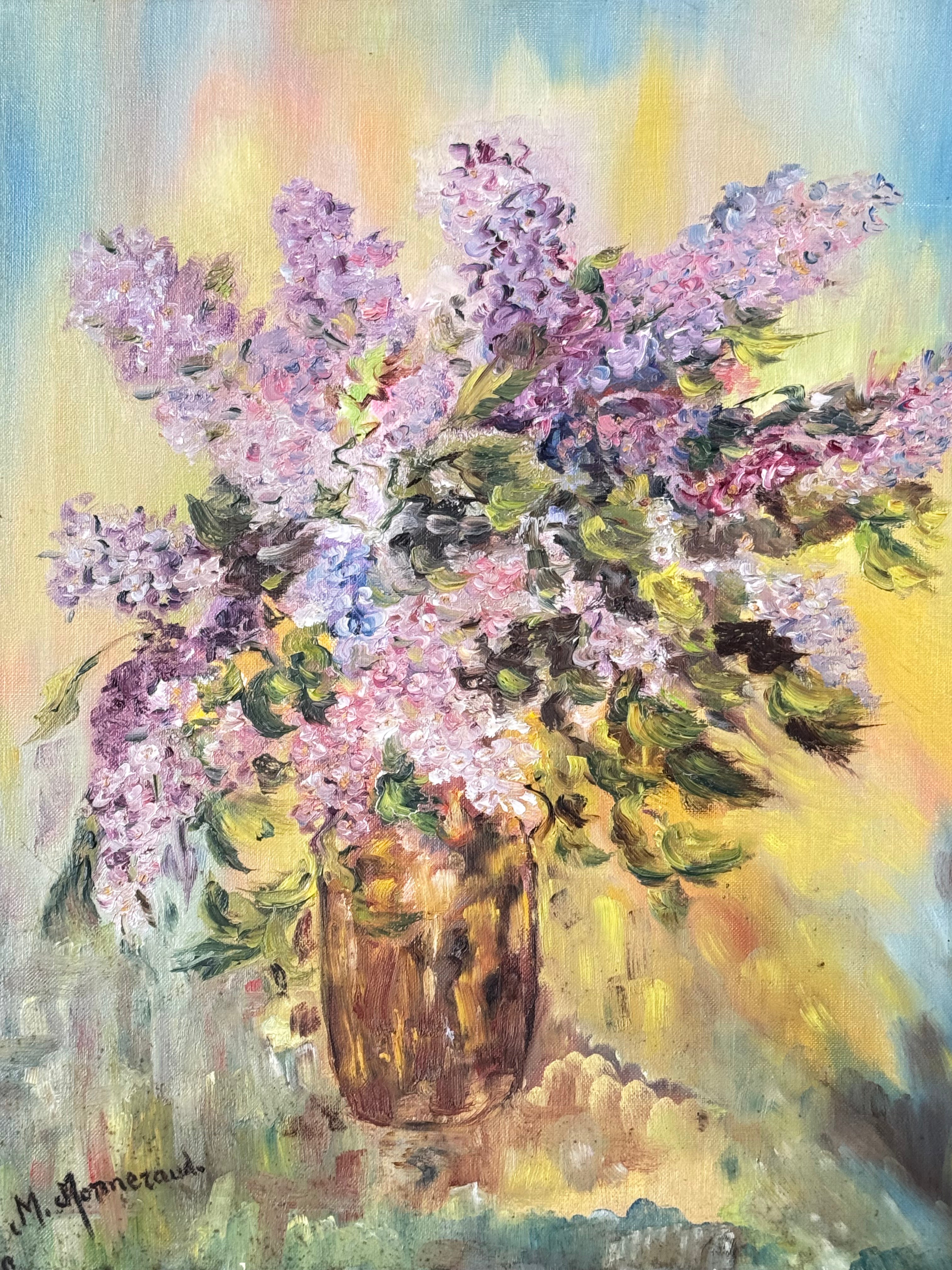 Vintage French Floral Oil on Canvas – “Lilacs in a Glass Vase,” Signed M. Aumereaux, Mid-Century