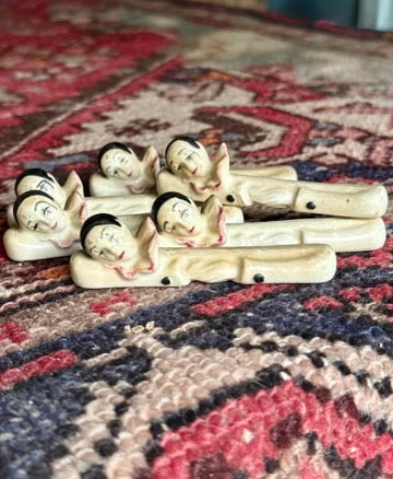 Set of Six Vintage French Ceramic Knife Rests – Pierrot Mimes, Circa 1930s–1950s