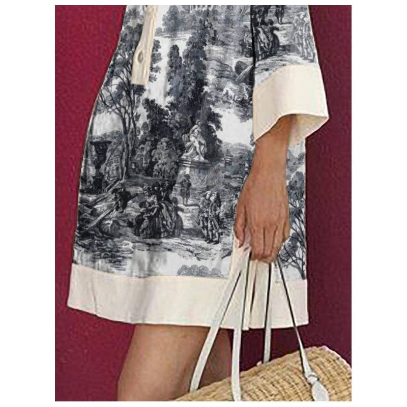 French Countryside Shirt Dress - Long Sleeves Loose Printed Lapel Mini Dresses