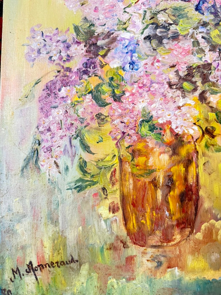 Vintage French Floral Oil on Canvas – “Lilacs in a Glass Vase,” Signed M. Aumereaux, Mid-Century