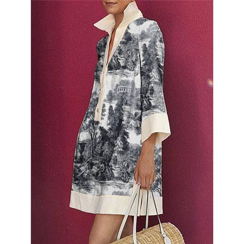French Countryside Shirt Dress - Long Sleeves Loose Printed Lapel Mini Dresses