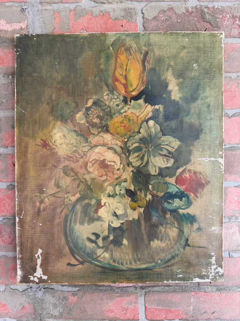 Vintage French Floral Still Life Oil Painting – Romantic Vase with Tulip