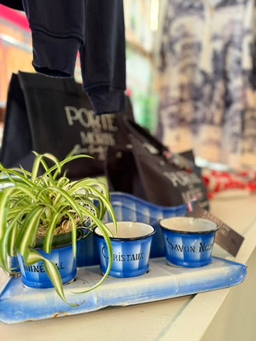 Antique French Blue Enamel Utility Pots | Set of Three
