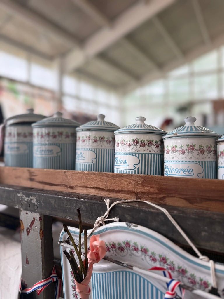 Rare Antique BB Frères Blue & White French Enamel Canisters with Matching Utensil Rack