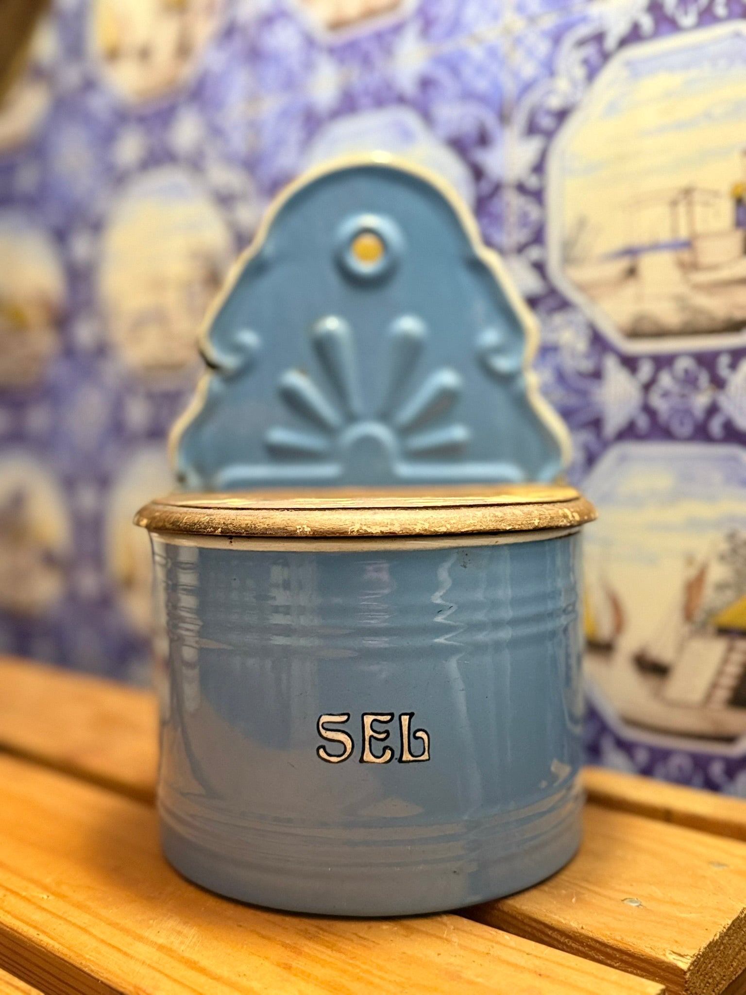 Vintage French Enamel Salt Box – “SEL” in Cornflower Blue