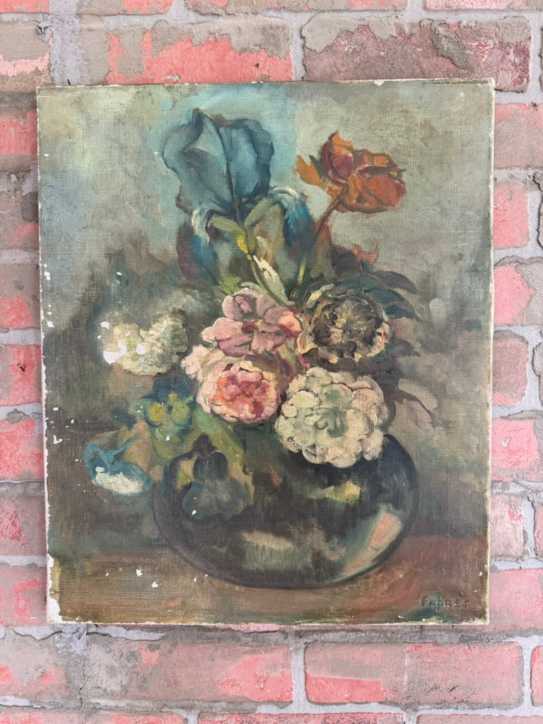 Vintage French Floral Still Life Oil Painting – Romantic Vase Bouquet (Companion Piece)