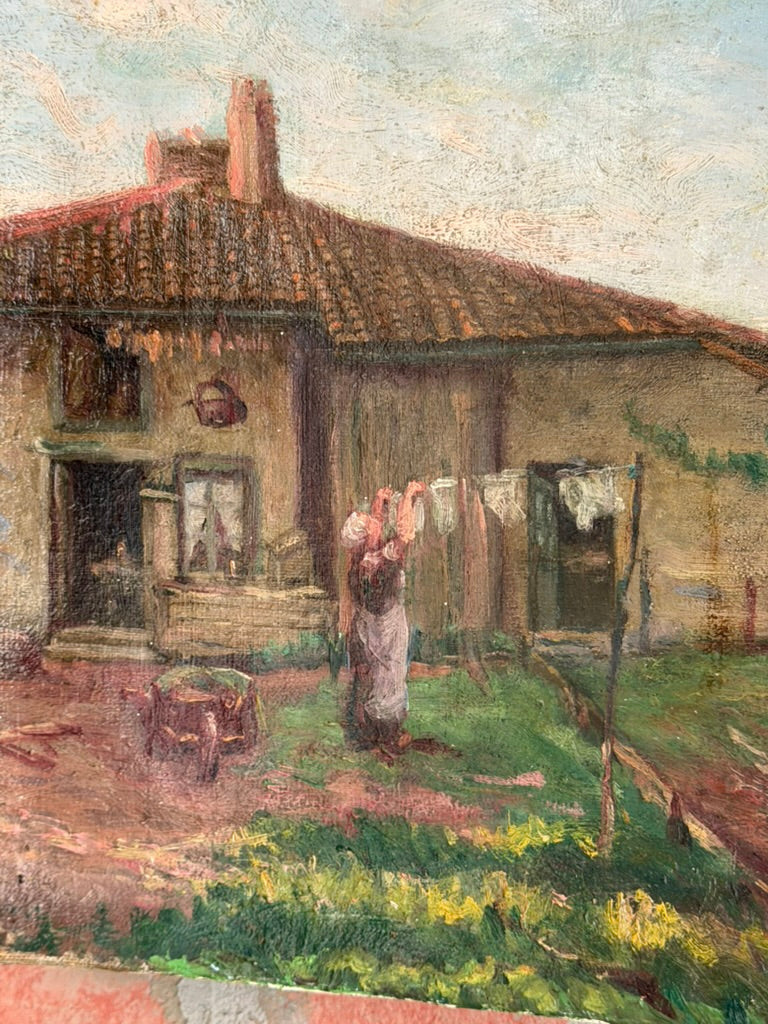 French Provincial Farm Scene Oil Painting – Woman Hanging Laundry