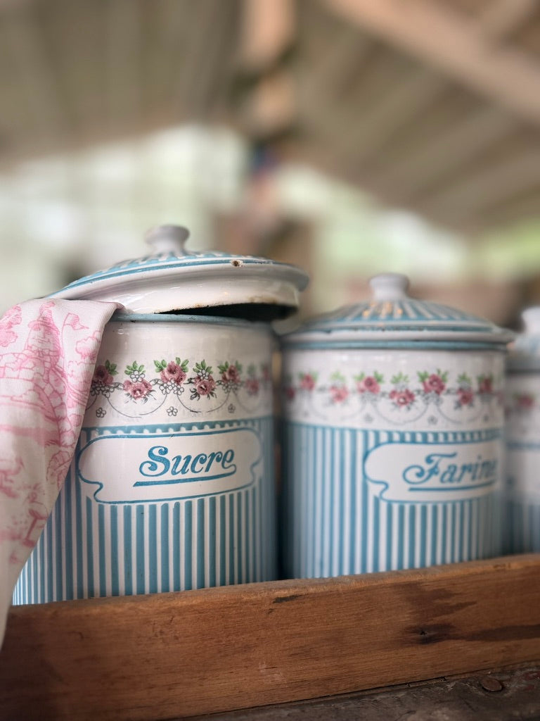 Rare Antique BB Frères Blue & White French Enamel Canisters with Matching Utensil Rack