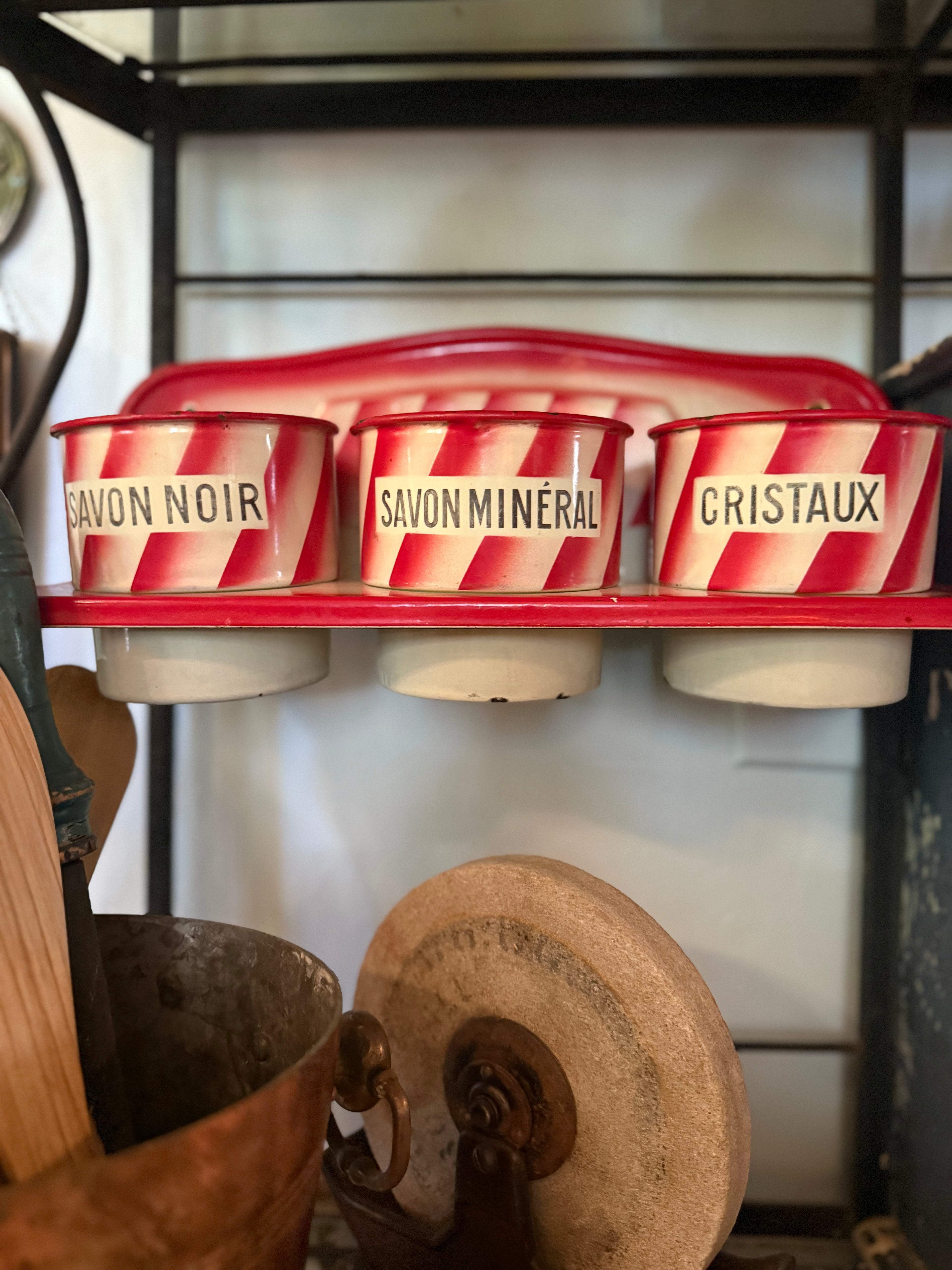 Vintage French Enamel Cleaning Rack — Red & Cream Striped (c. 1930s)