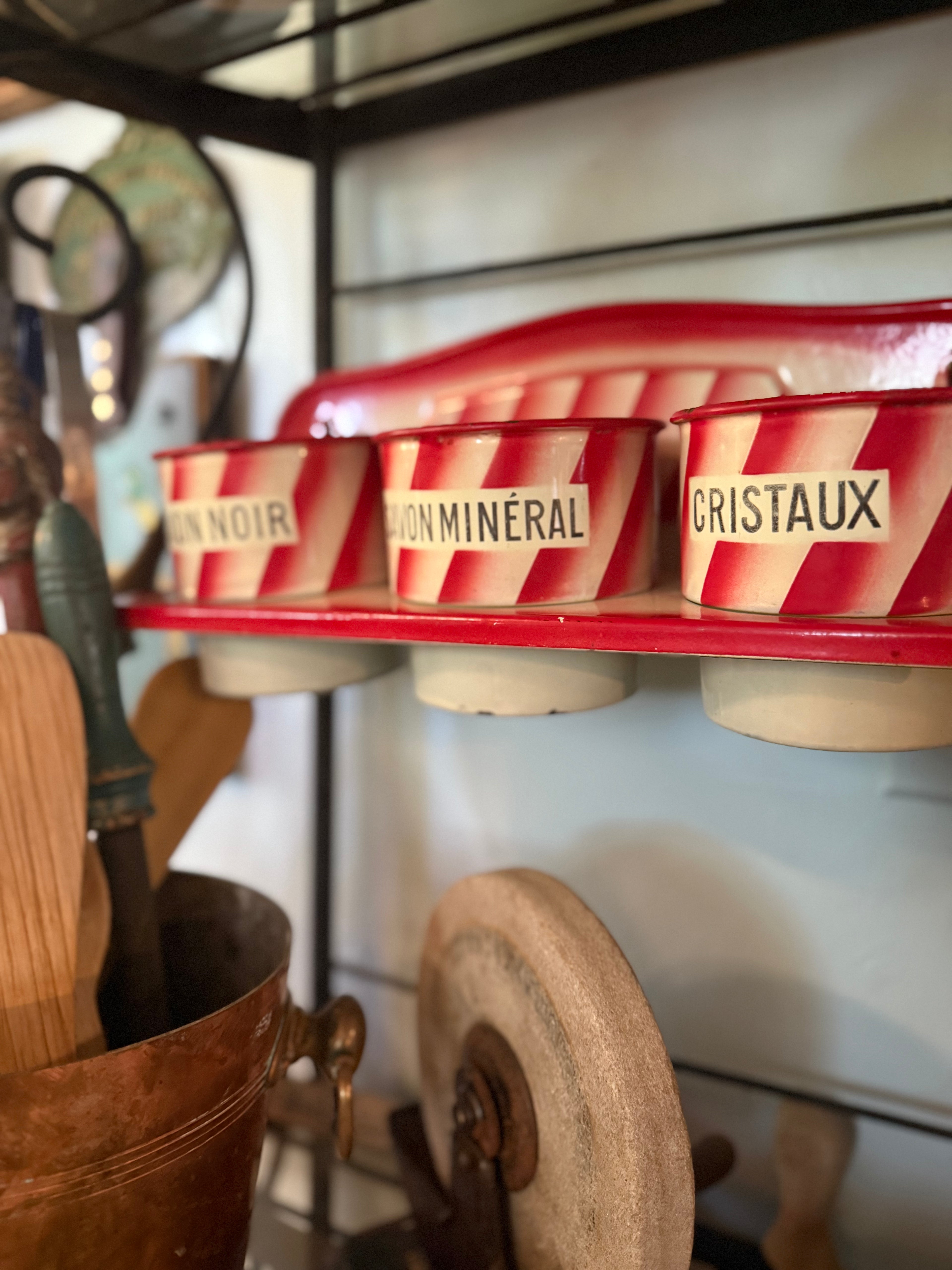 Vintage French Enamel Cleaning Rack — Red & Cream Striped (c. 1930s)
