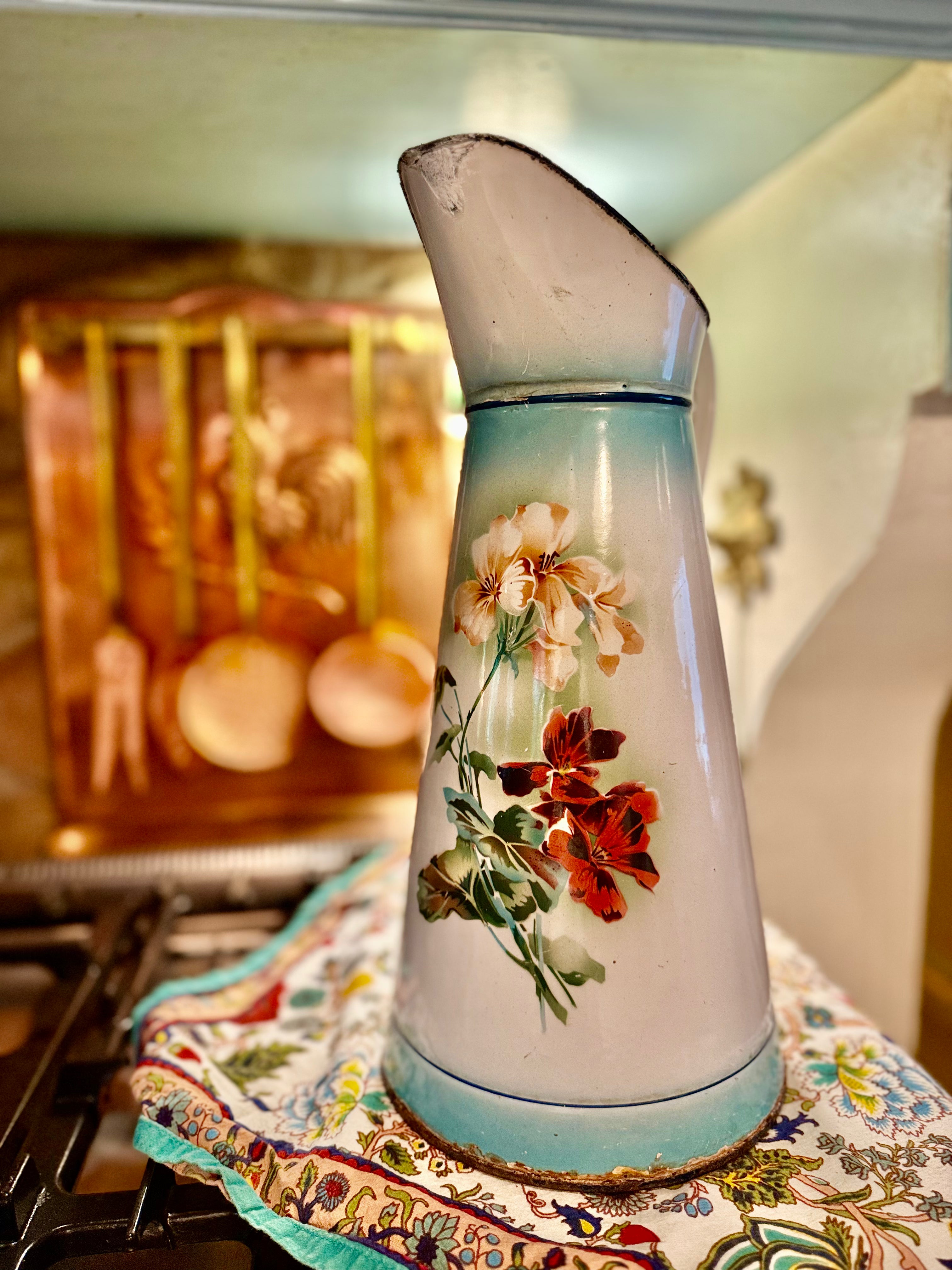 Tall French Enamel Pitcher | Floral Motif