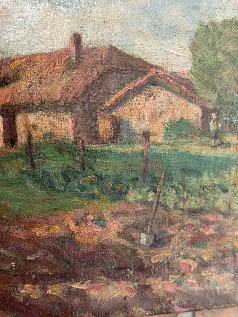 French Provincial Farm Scene Oil Painting – Woman Hanging Laundry