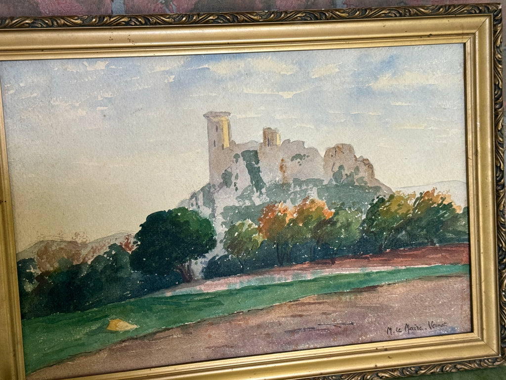 Ruines du Rhin  Watercolor on Paper — Signed M. Le Maire – Vernet