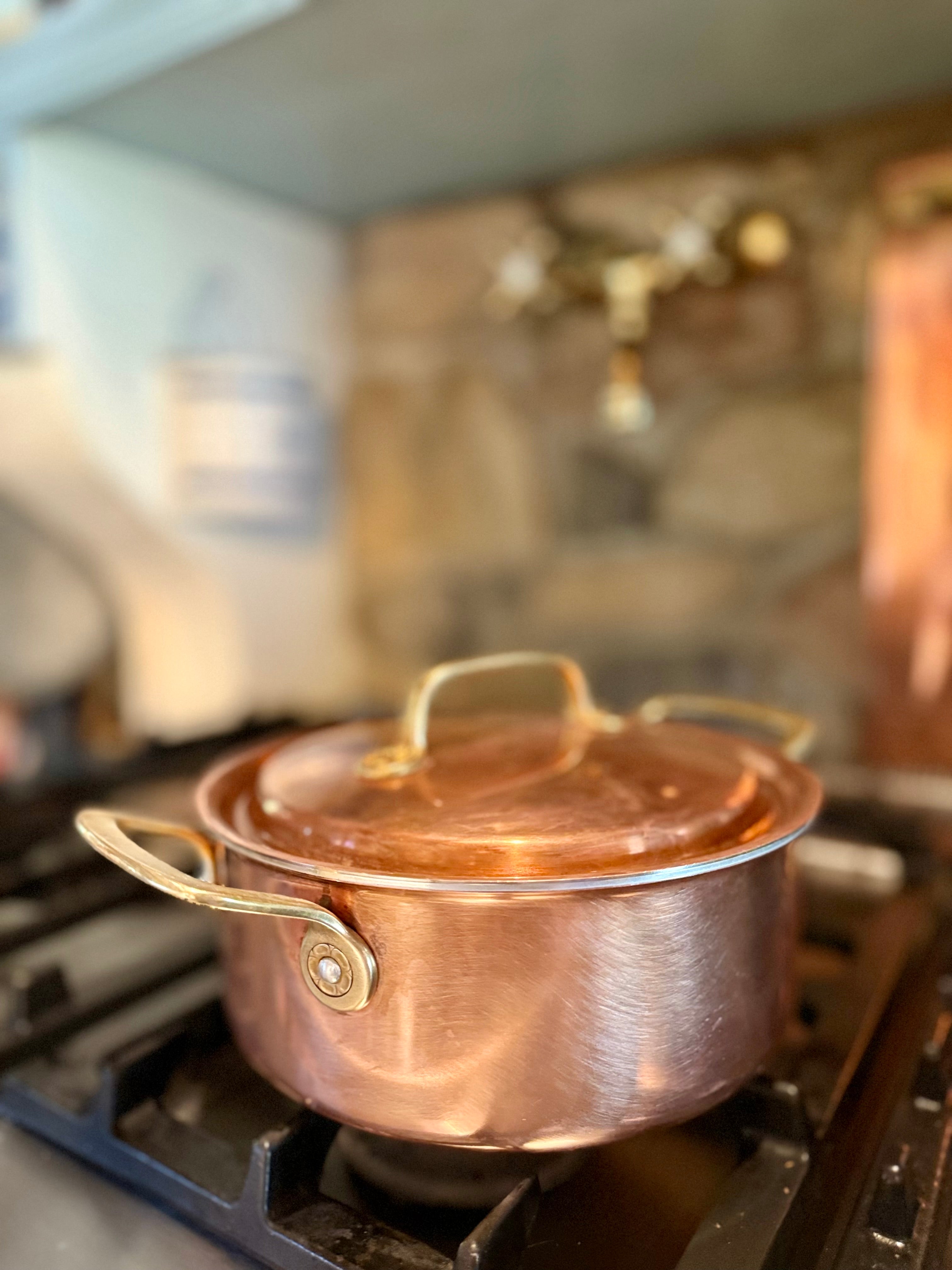 French Copper Casserole with Lid – Rosette Handle Detail
