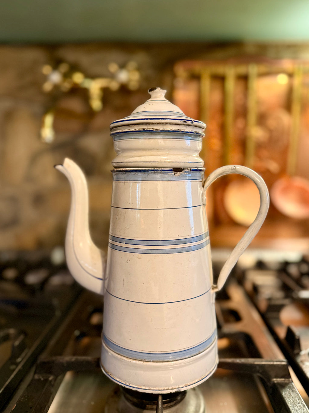 Vintage French Enamel Coffee Pot | Blue Banding