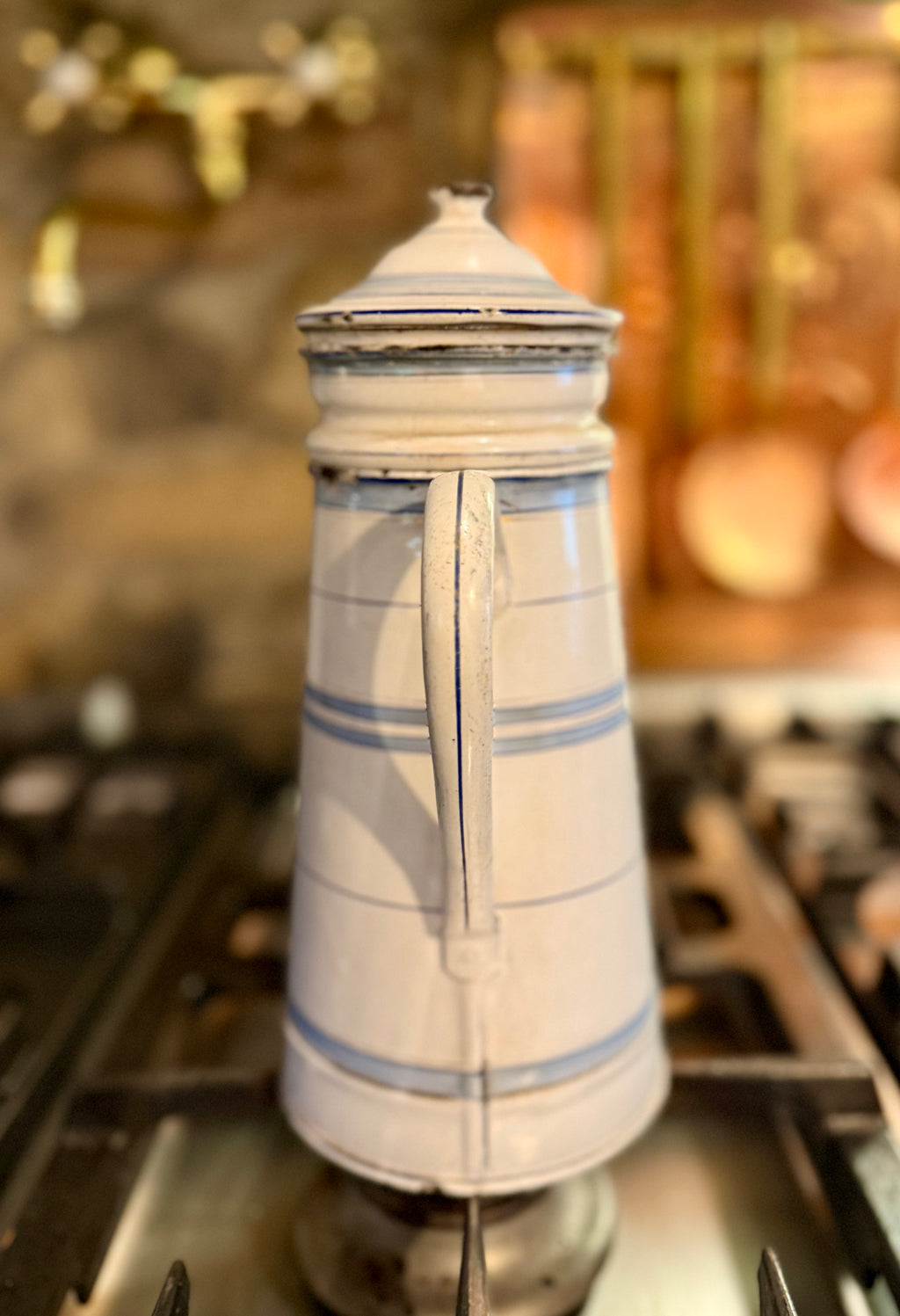 Vintage French Enamel Coffee Pot | Blue Banding