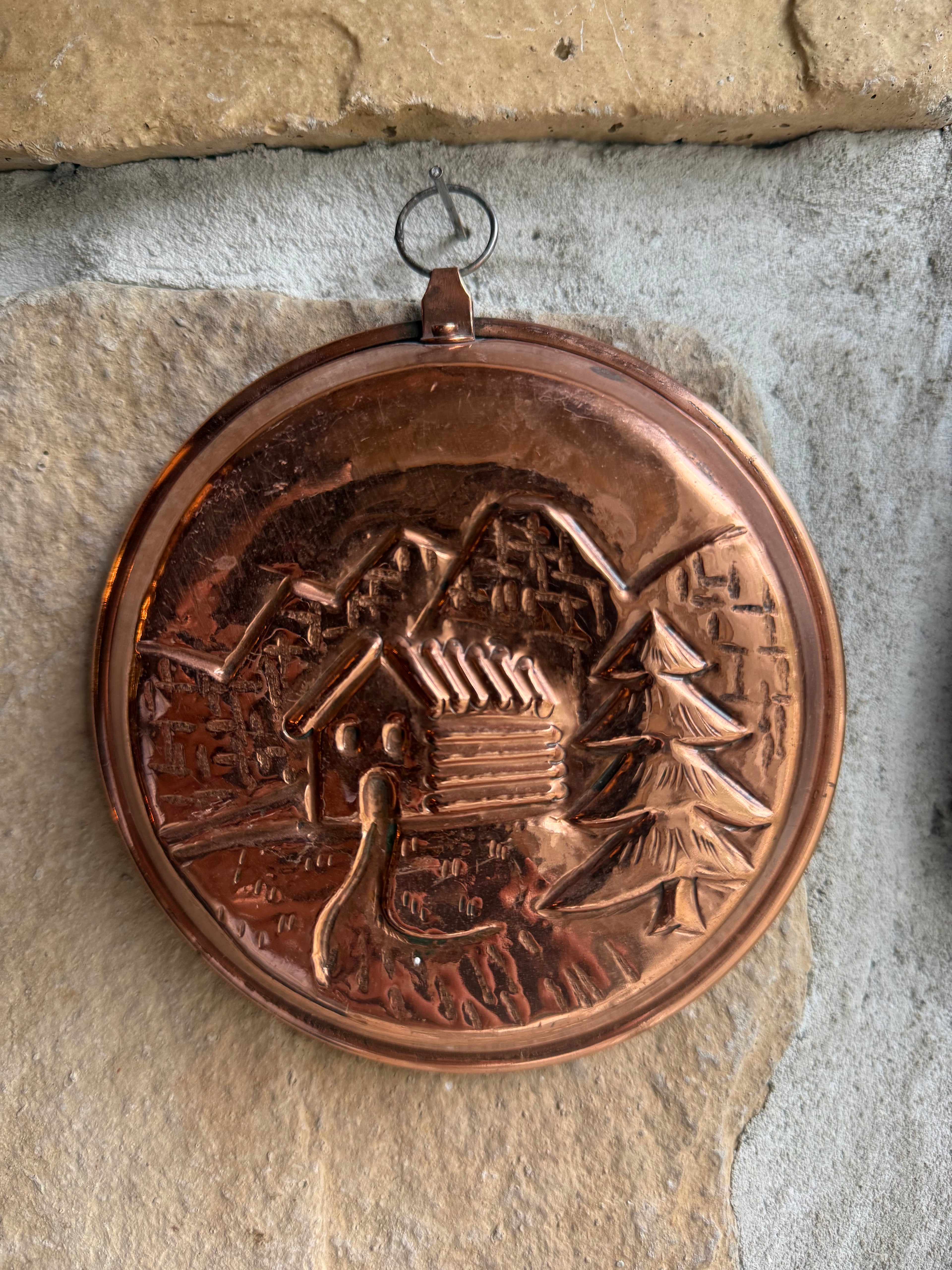 Vintage French Copper Wall Plaque – Chalet Scene, 5”