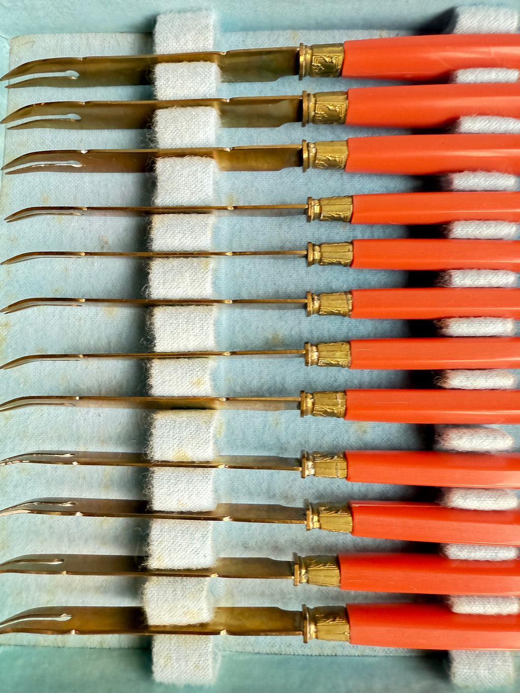 Mid-Century French Aperitif Knives – Coral Bakelite & Gilded Brass, Boxed Set of 12