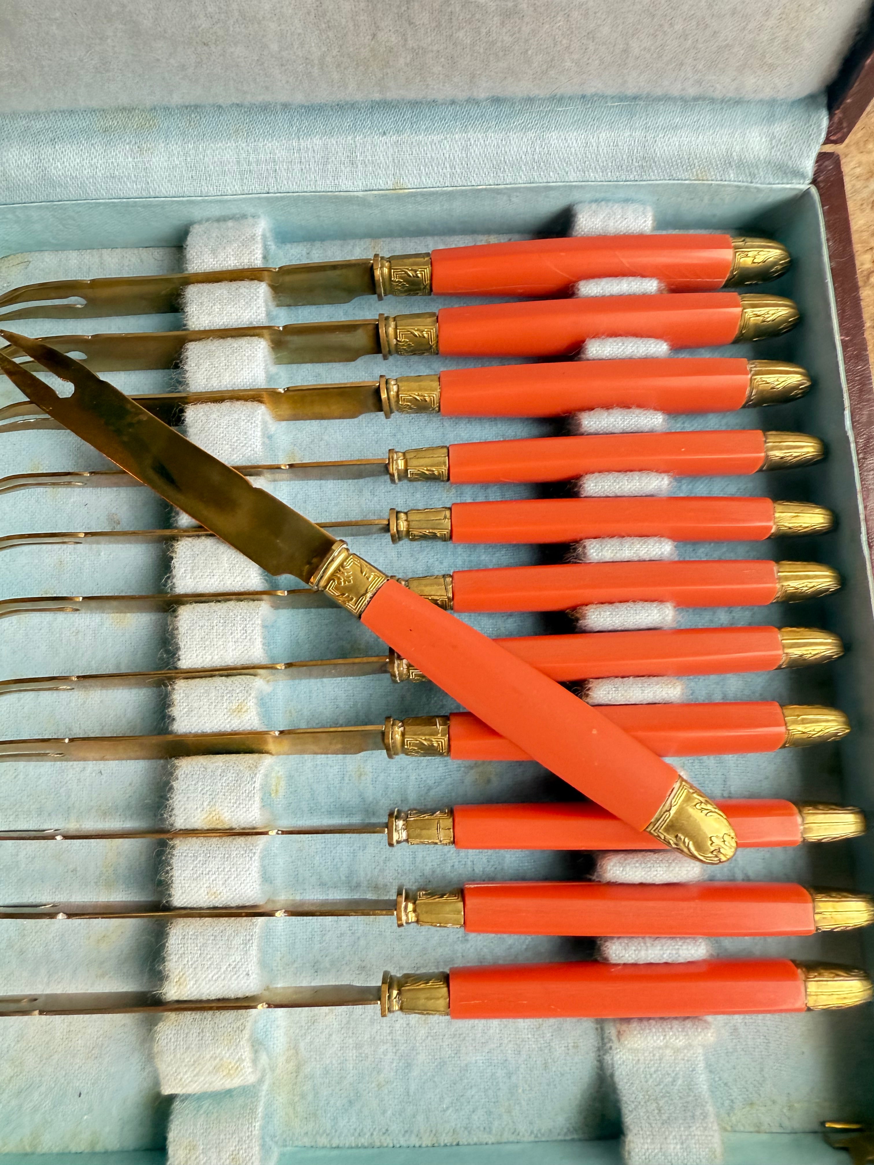 Mid-Century French Aperitif Knives – Coral Bakelite & Gilded Brass, Boxed Set of 12