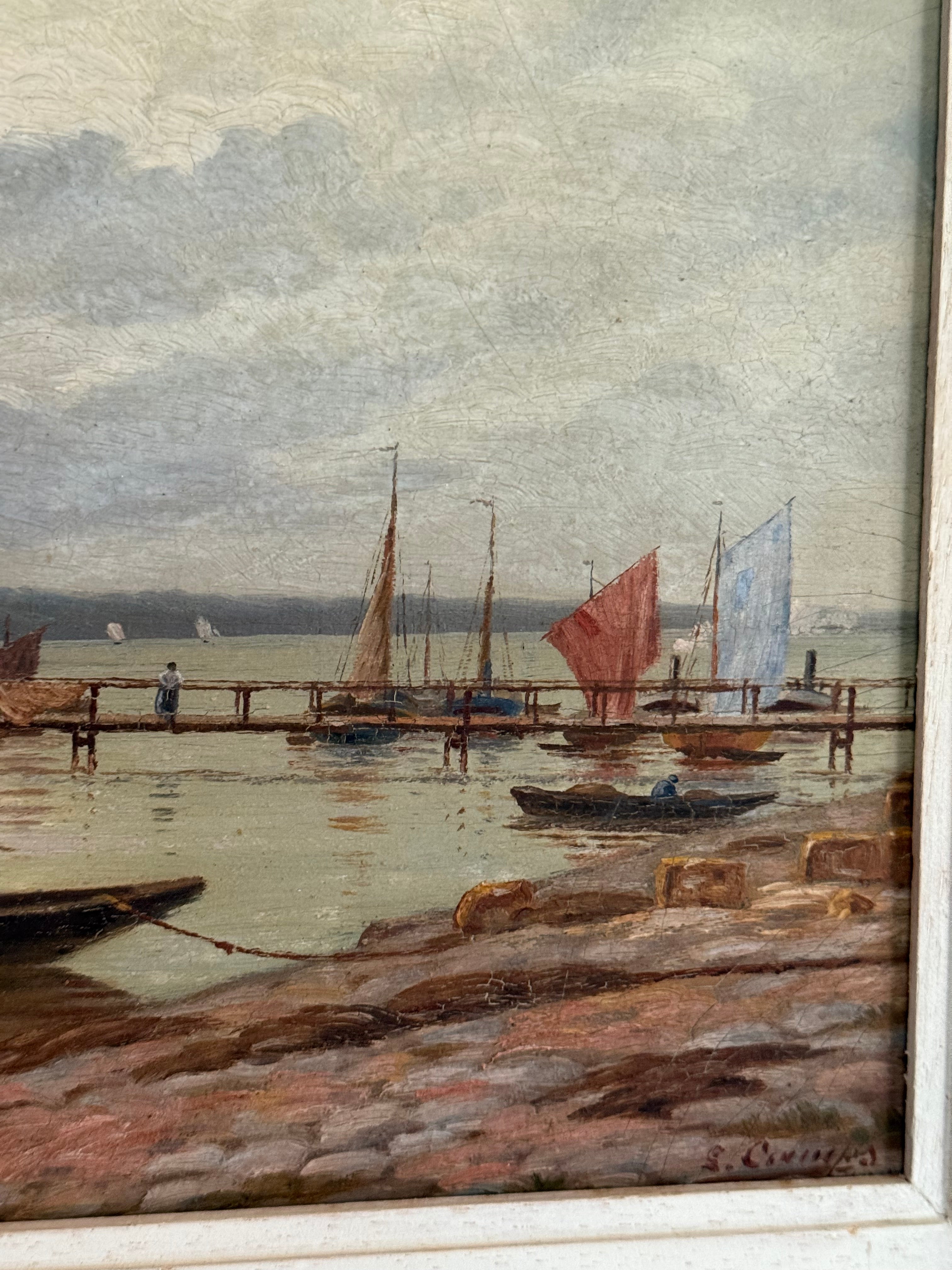 Antique French Maritime Oil on Canvas – “Voiliers au Port,” Signed S. Courtais, c. 1900, in Chalked White Frame