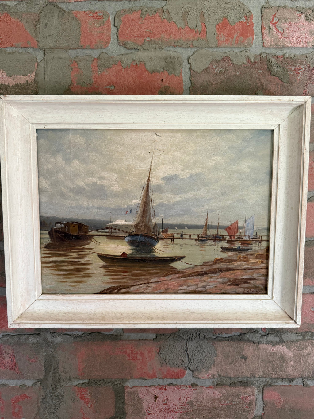 Antique French Maritime Oil on Canvas – “Voiliers au Port,” Signed S. Courtais, c. 1900, in Chalked White Frame