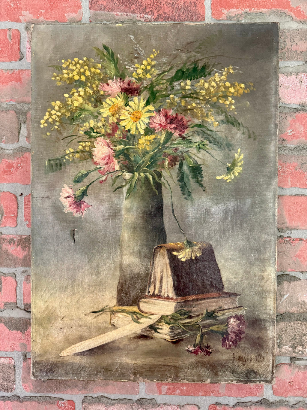 “Les Fleurs et les Livres” – Antique French Still Life with Books and Mimosa