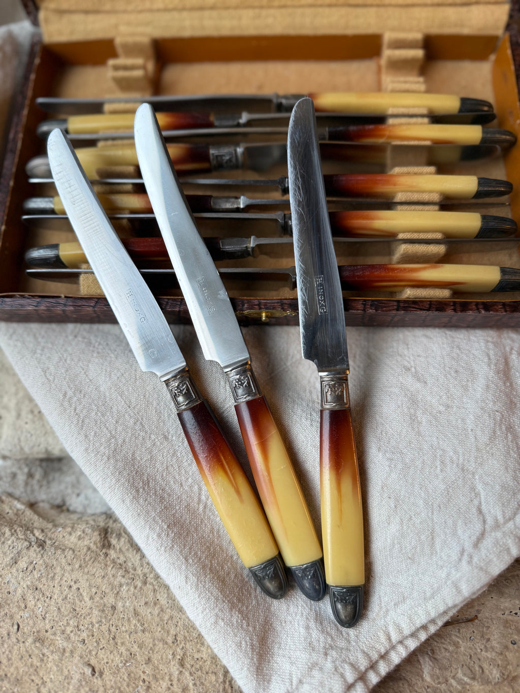 Vintage French Knife Set | Faux Horn Handles & Stainless Blades, circa 1950s