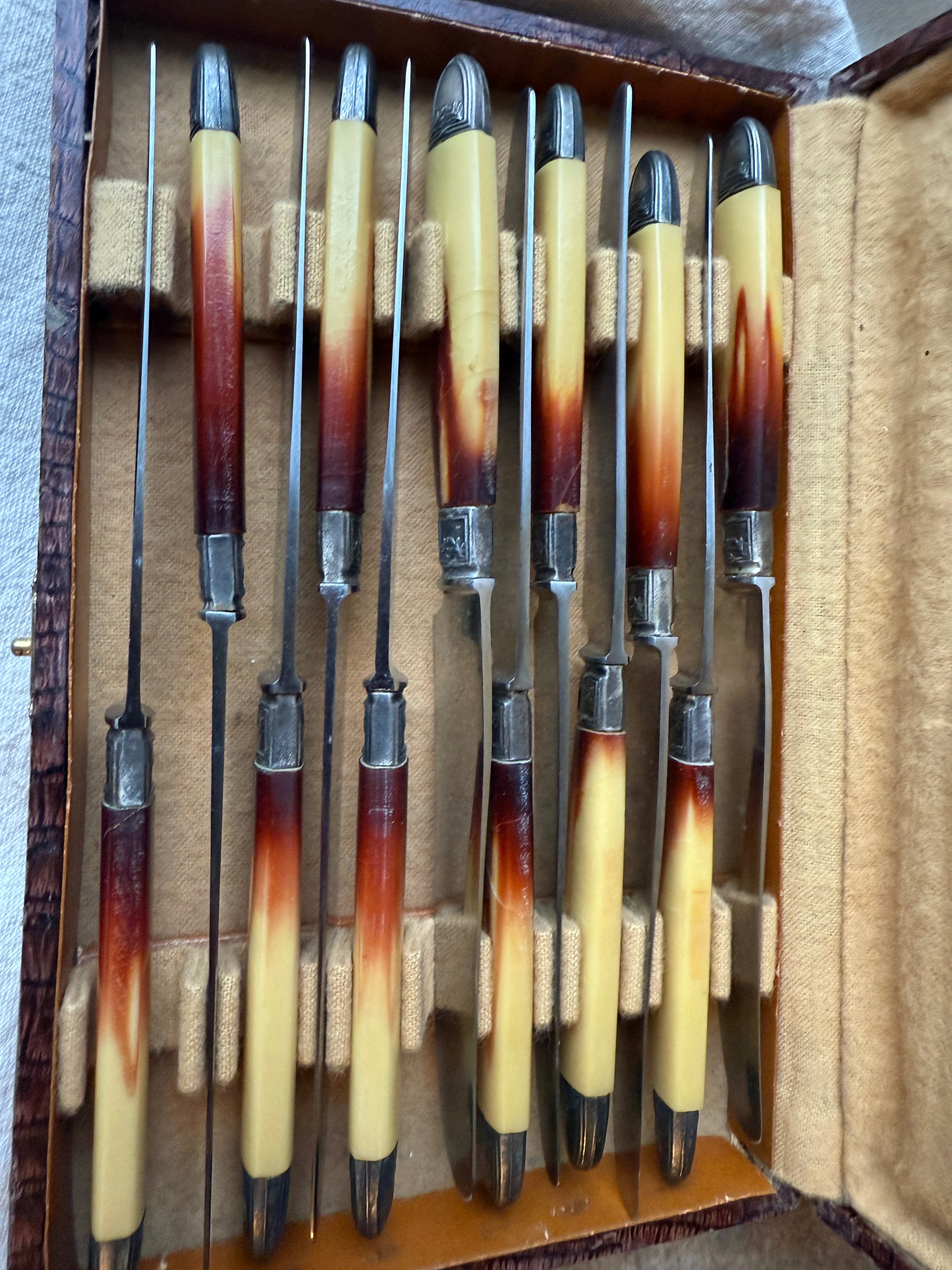 Vintage French Knife Set | Faux Horn Handles & Stainless Blades, circa 1950s