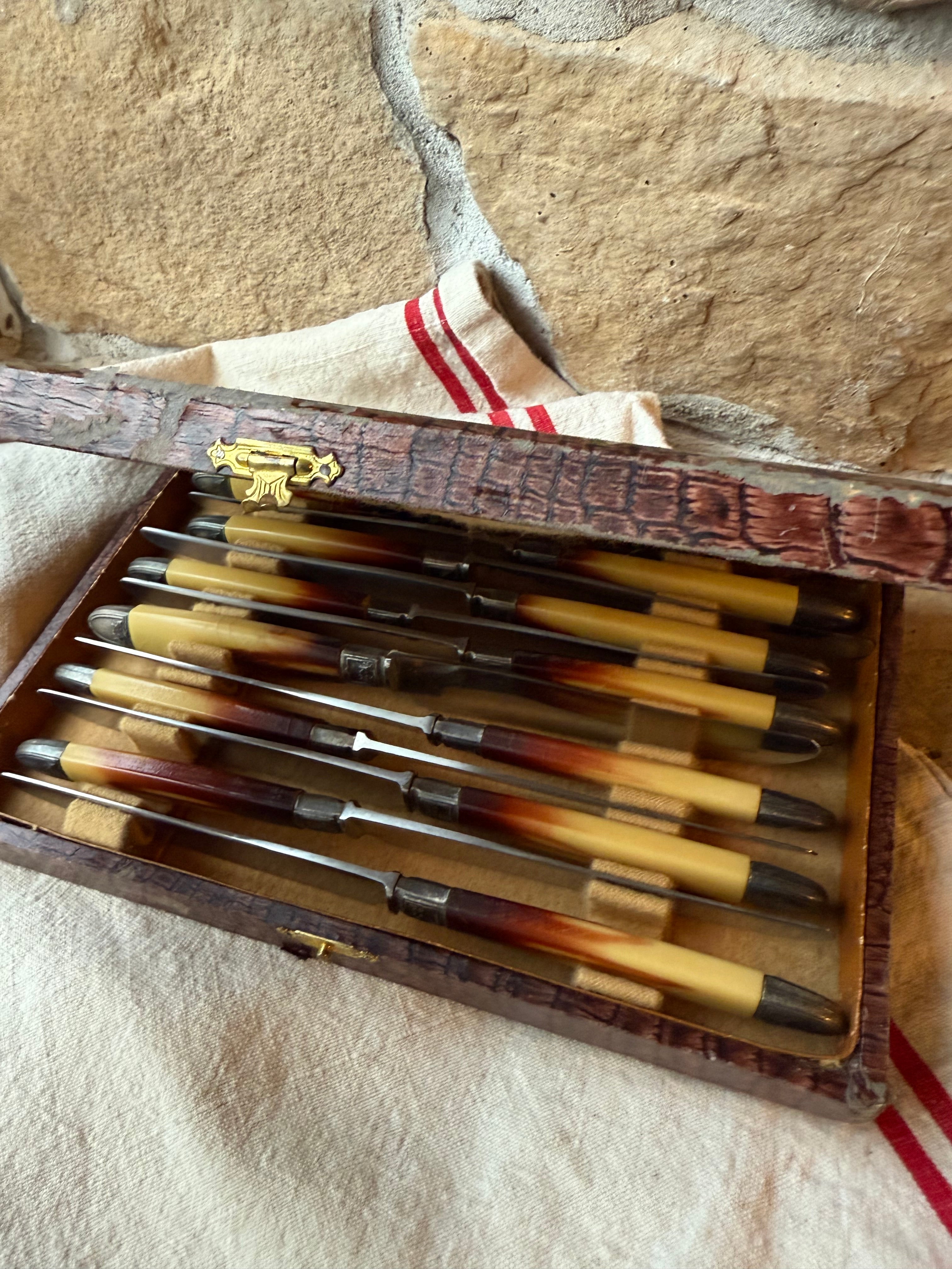 Vintage French Knife Set | Faux Horn Handles & Stainless Blades, circa 1950s