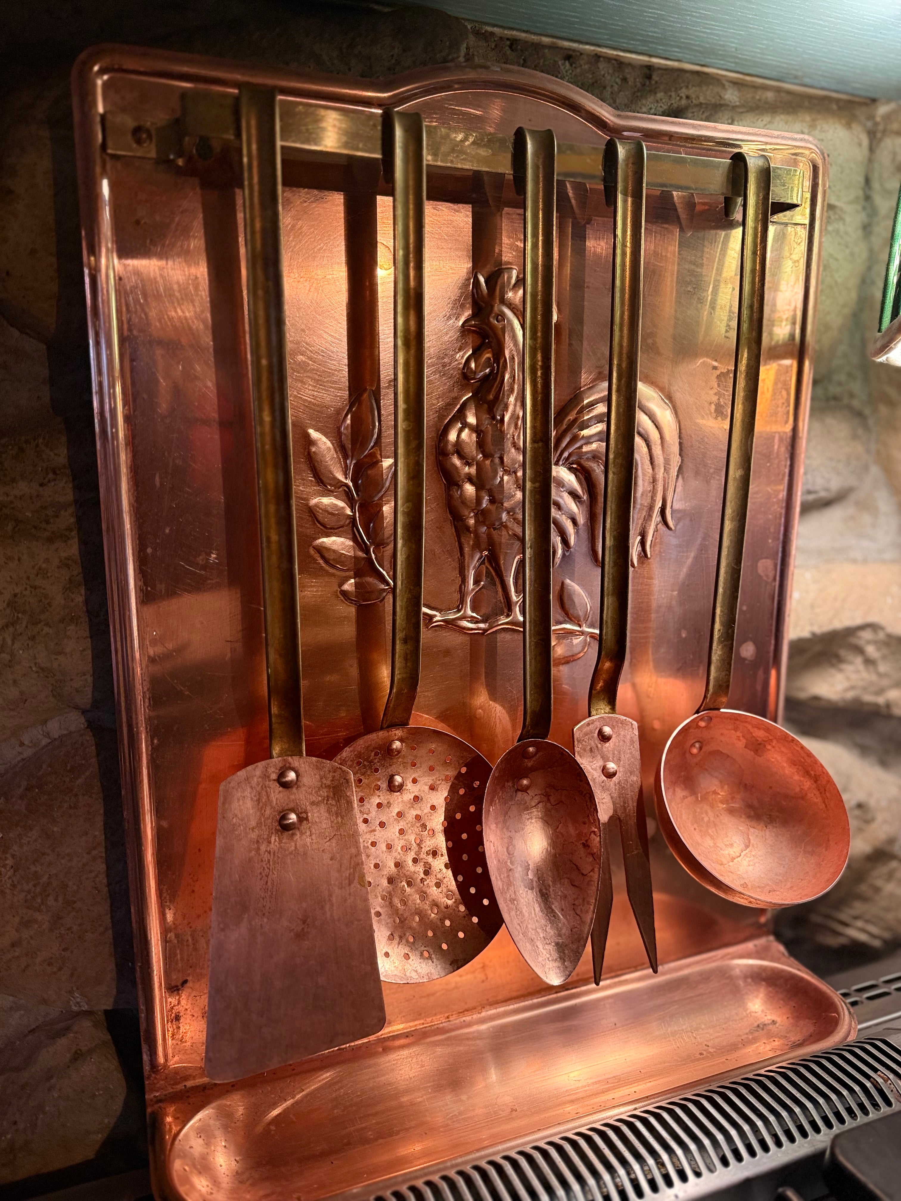 🇫🇷 Vintage French Copper Utensil Rack with Rooster Motif