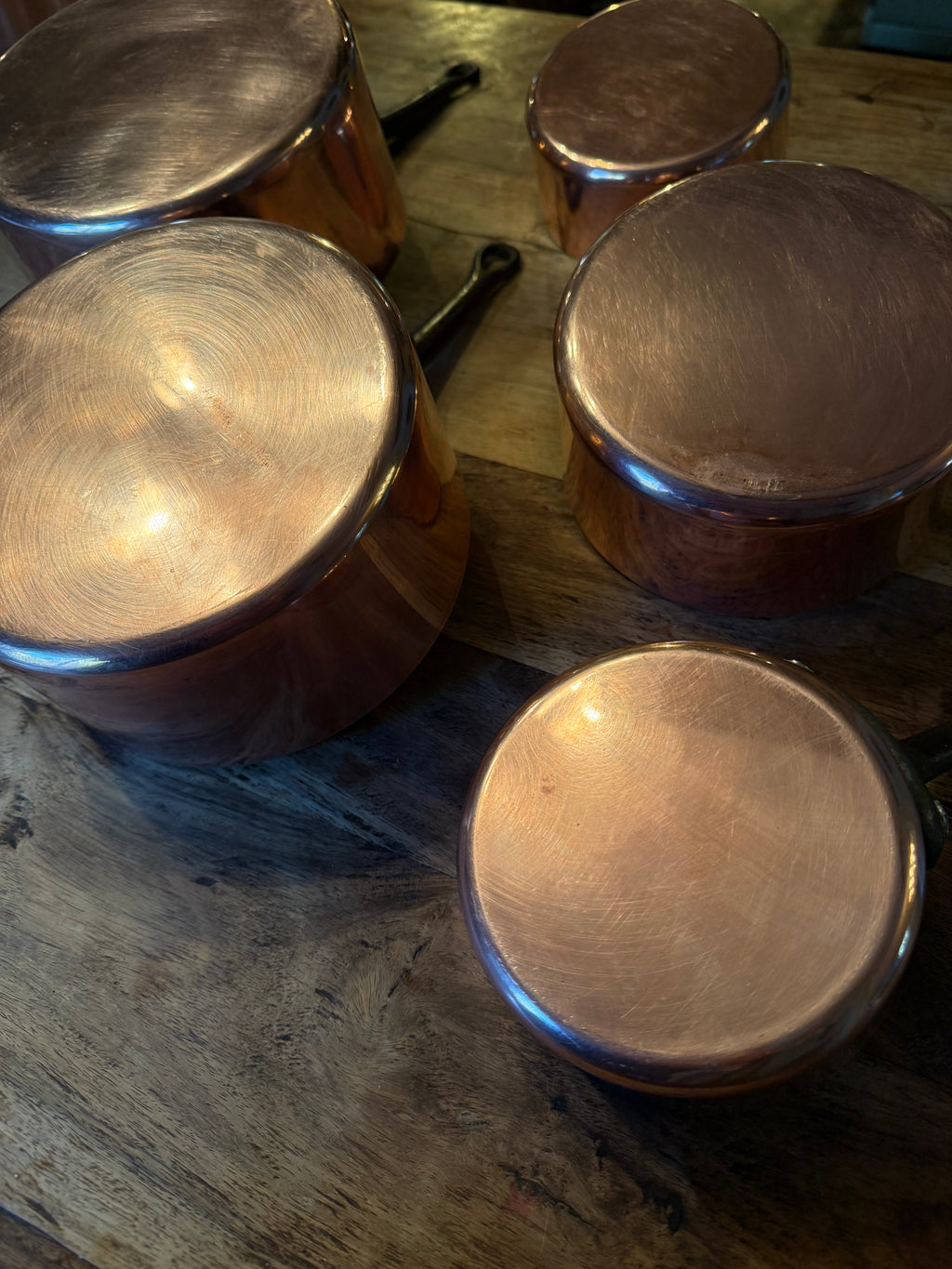 Heavy Vintage French Copper Saucepan Set (Set of 5)