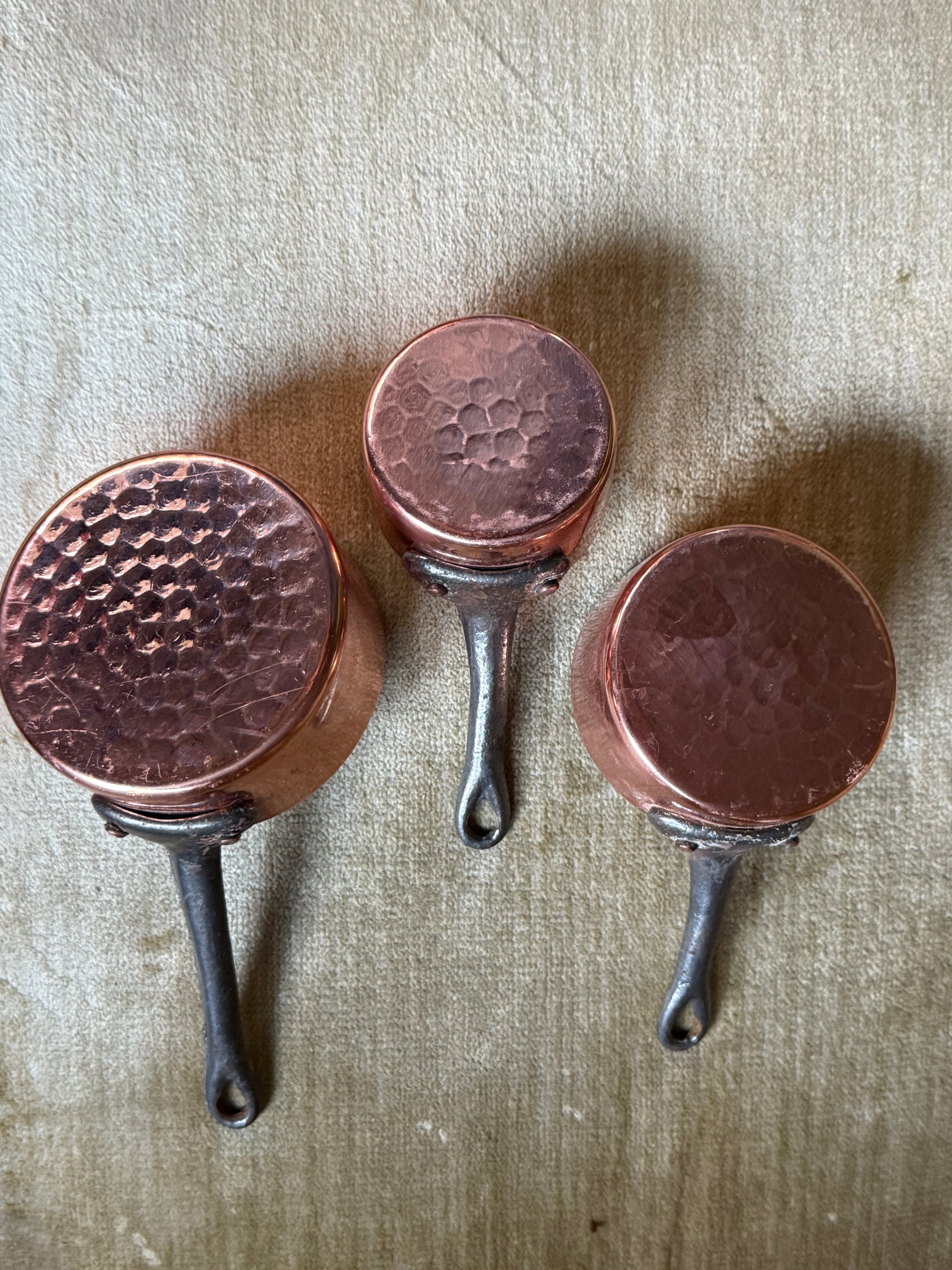 Reserved for Bella - Set of Three Petite Hand-Hammered Copper Saucepans — French Style, Iron Handles