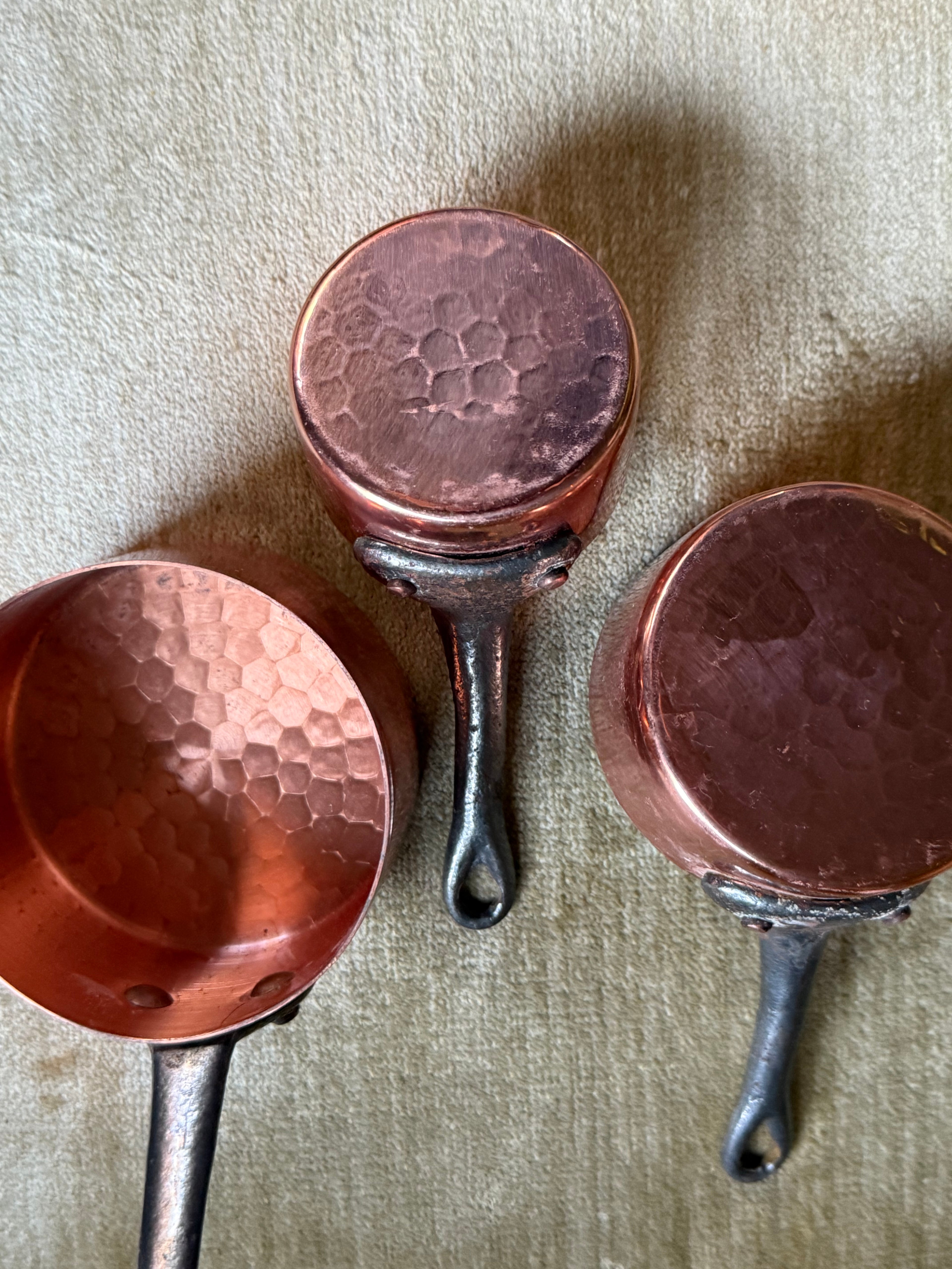 Reserved for Bella - Set of Three Petite Hand-Hammered Copper Saucepans — French Style, Iron Handles