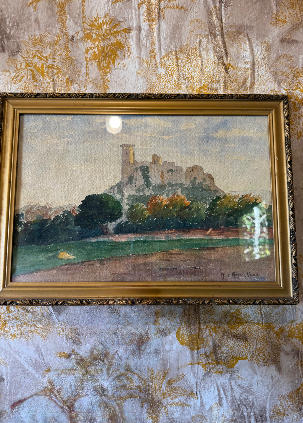 Ruines du Rhin  Watercolor on Paper — Signed M. Le Maire – Vernet