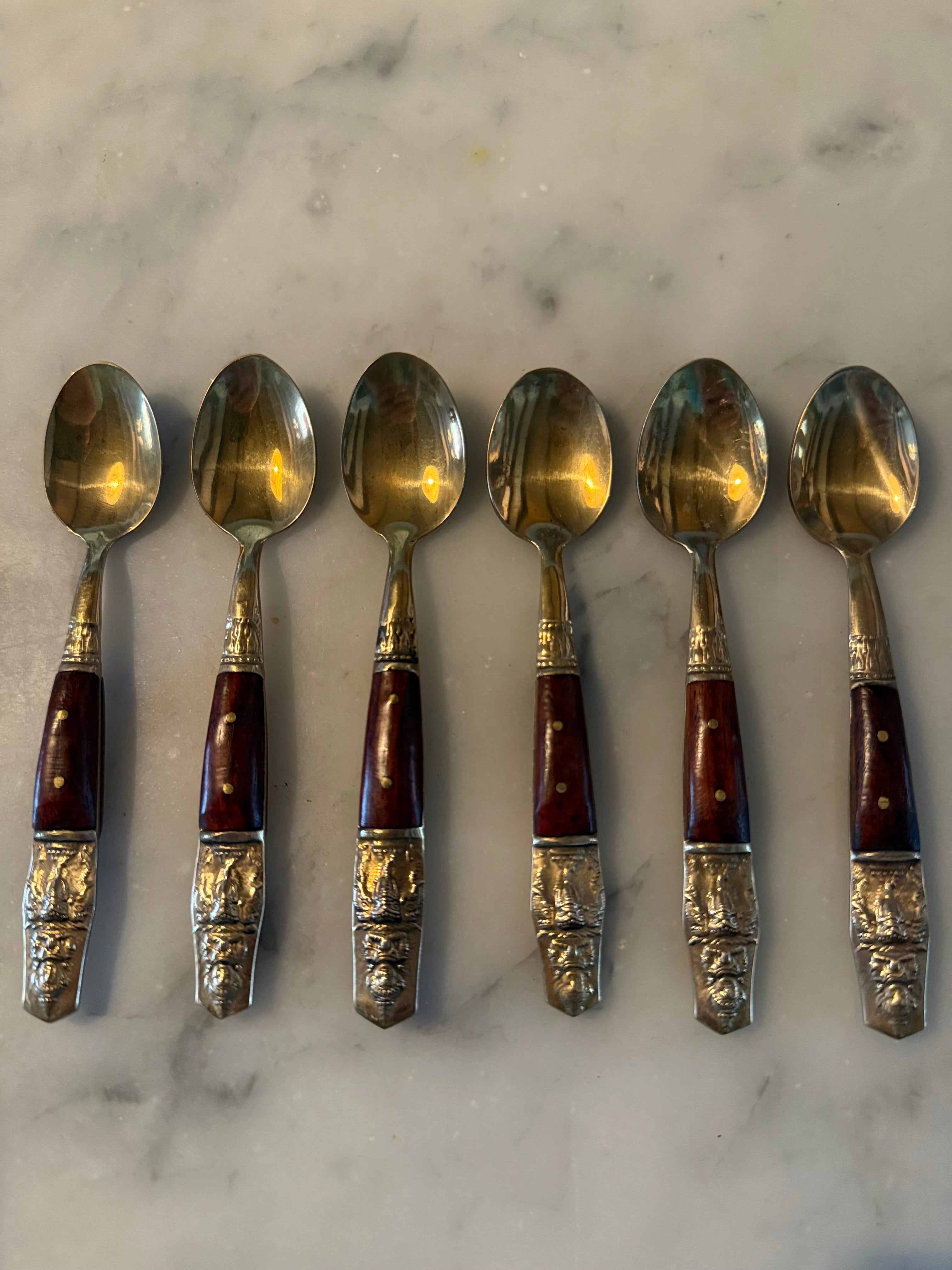 Set of Six Vintage Siamese Buddha Spoons – Brass and Teakwood