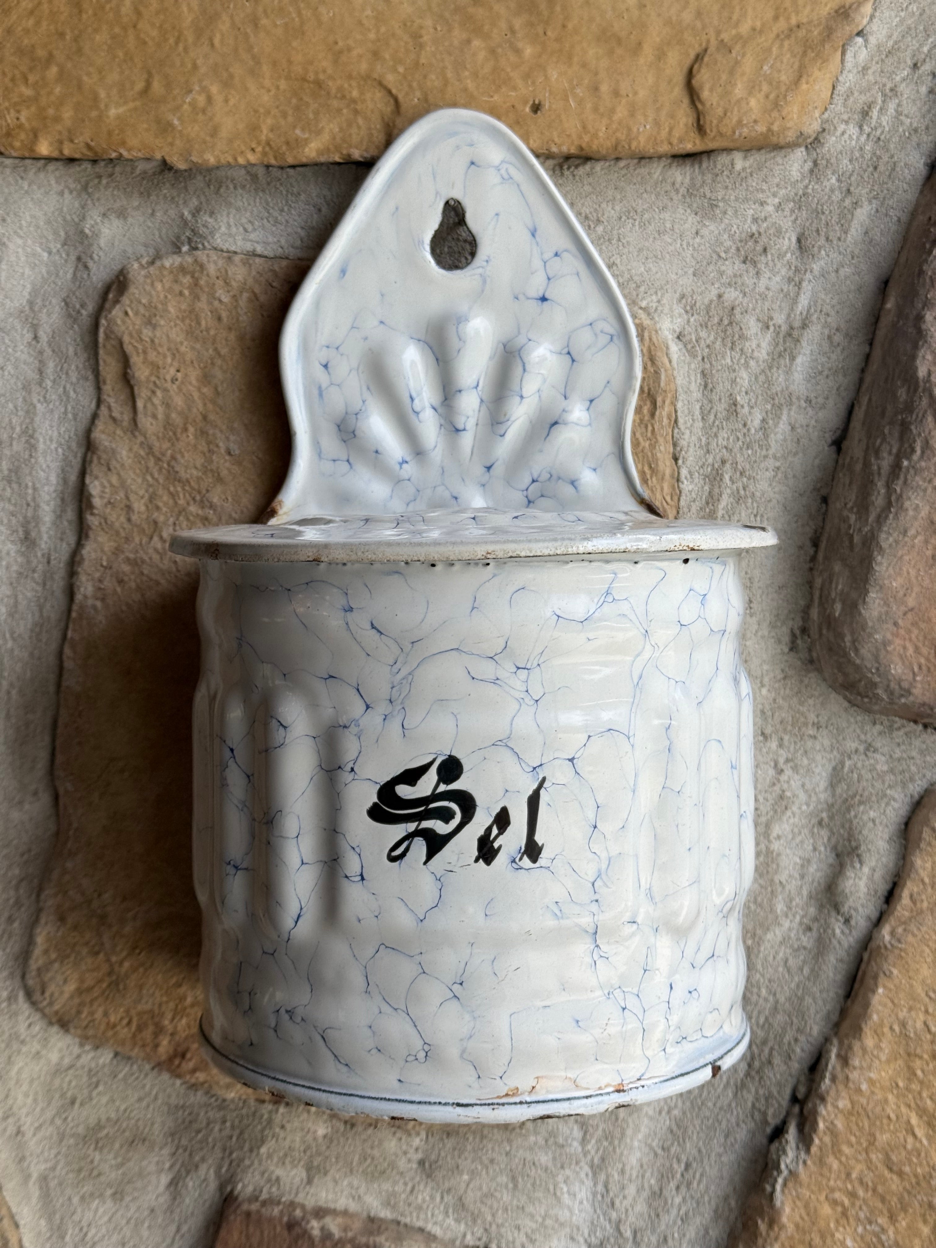 French Enamel Wall-Mounted Salt Box – “Sel”