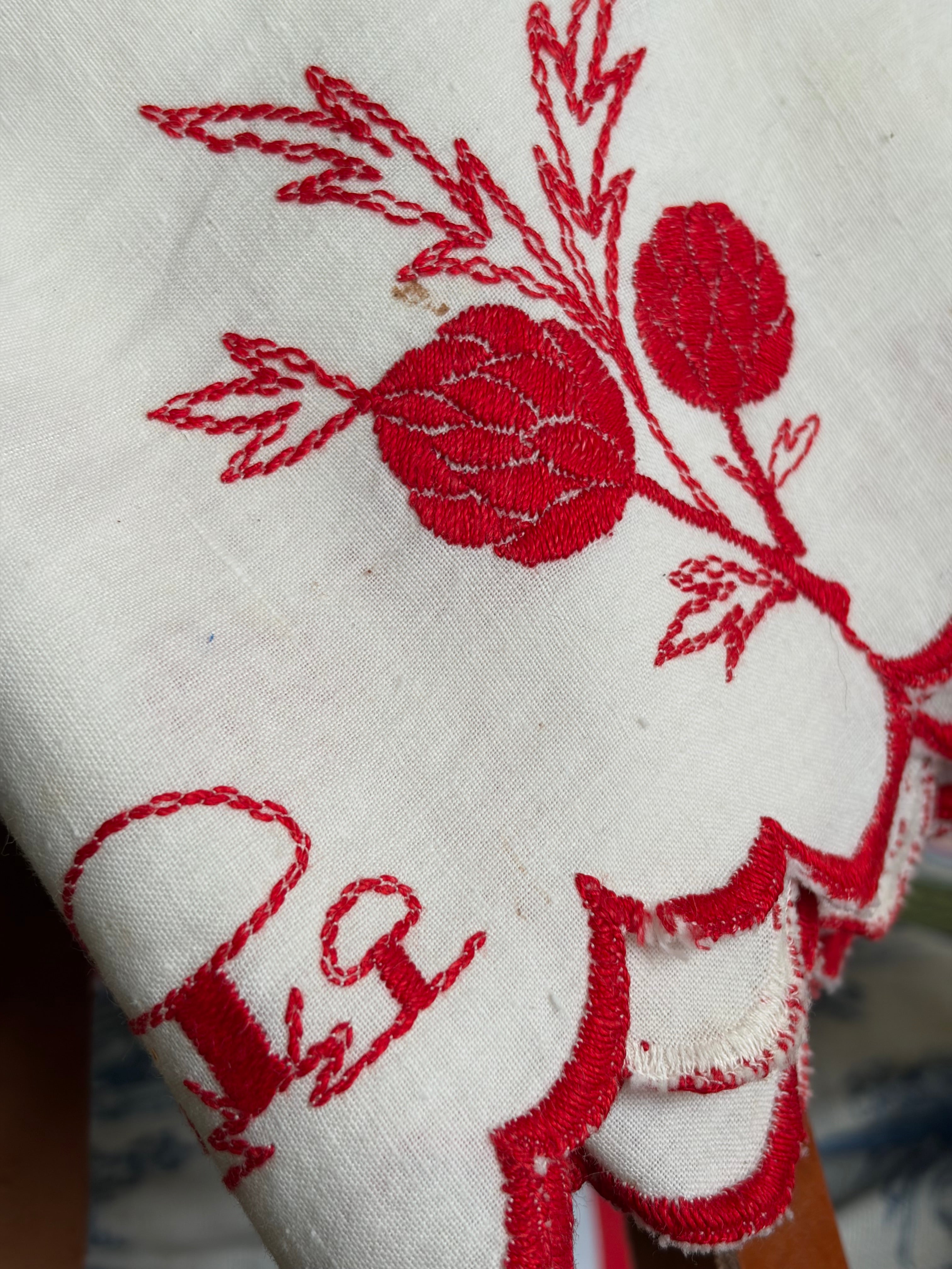 Antique French Embroidered Linen Mantel Valance | Artichokes & Mushrooms