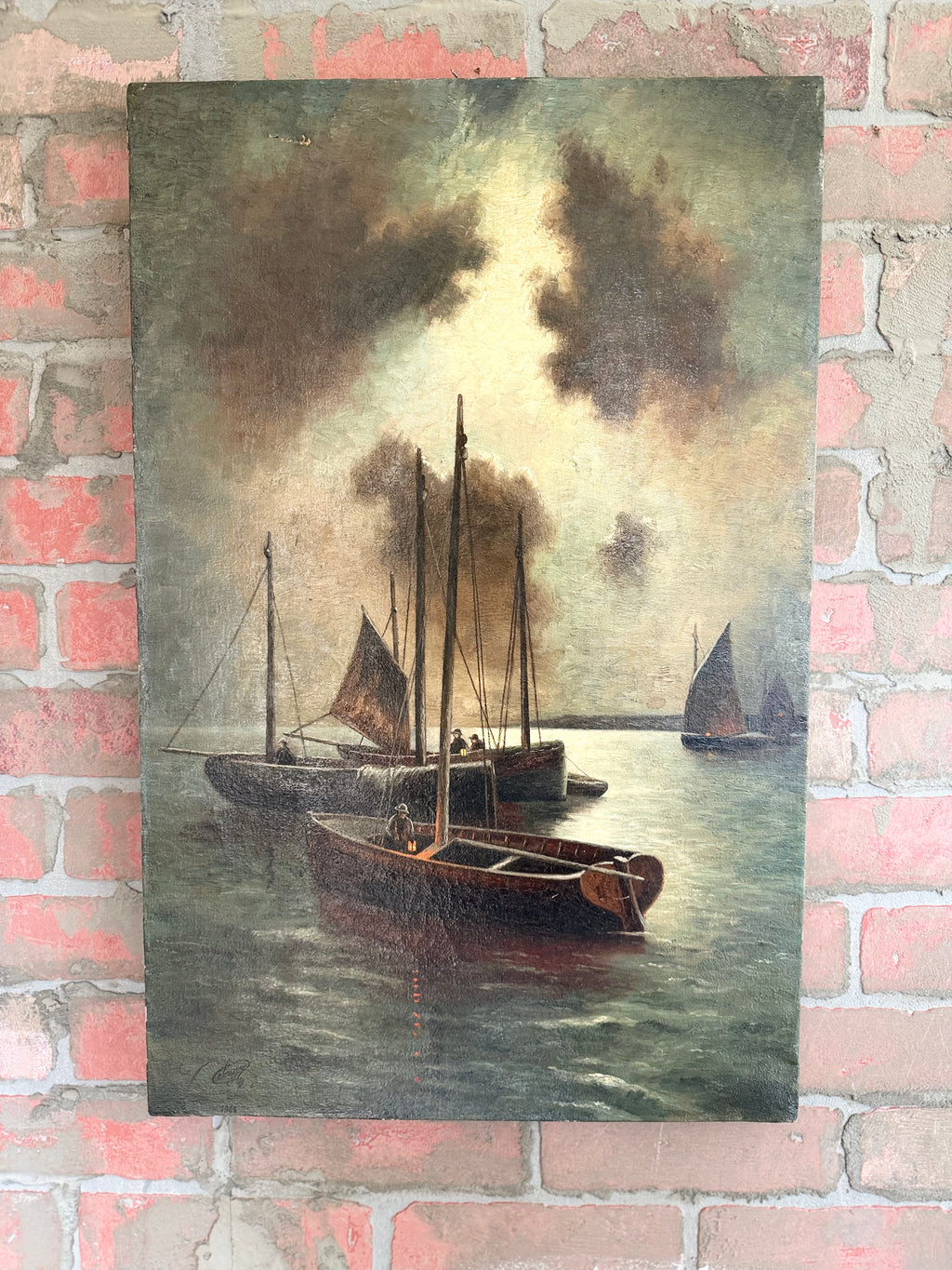 Harbor at Dusk , French Mid Century Vintage Oil Painting