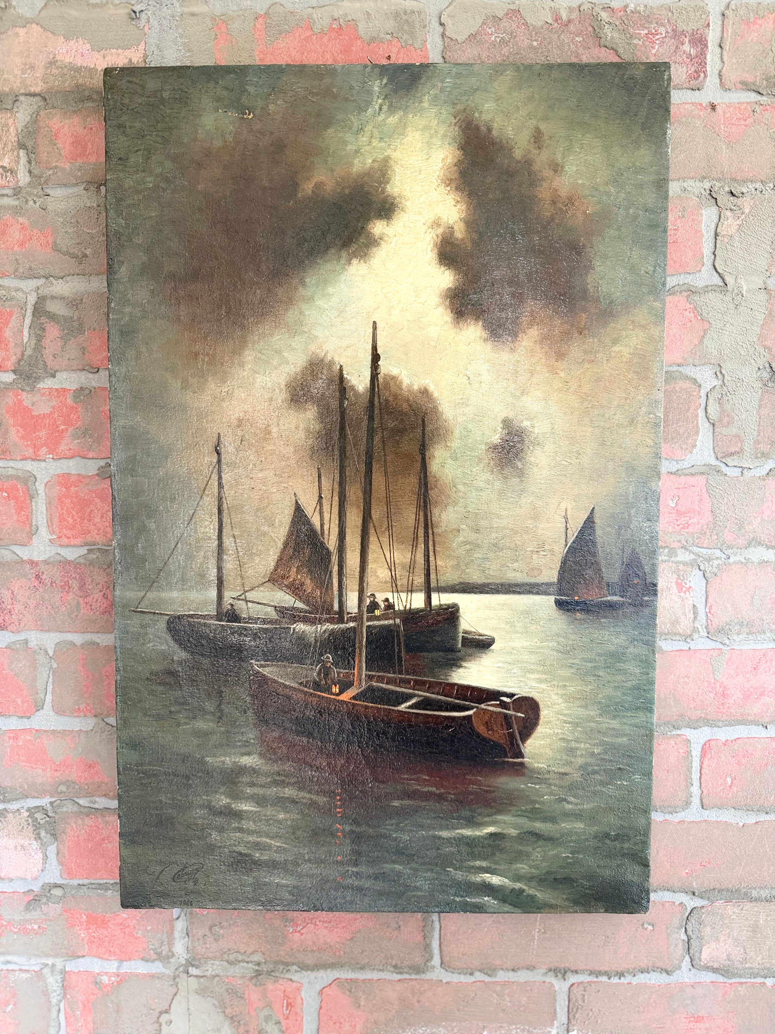 Harbor at Dusk , French Mid Century Vintage Oil Painting