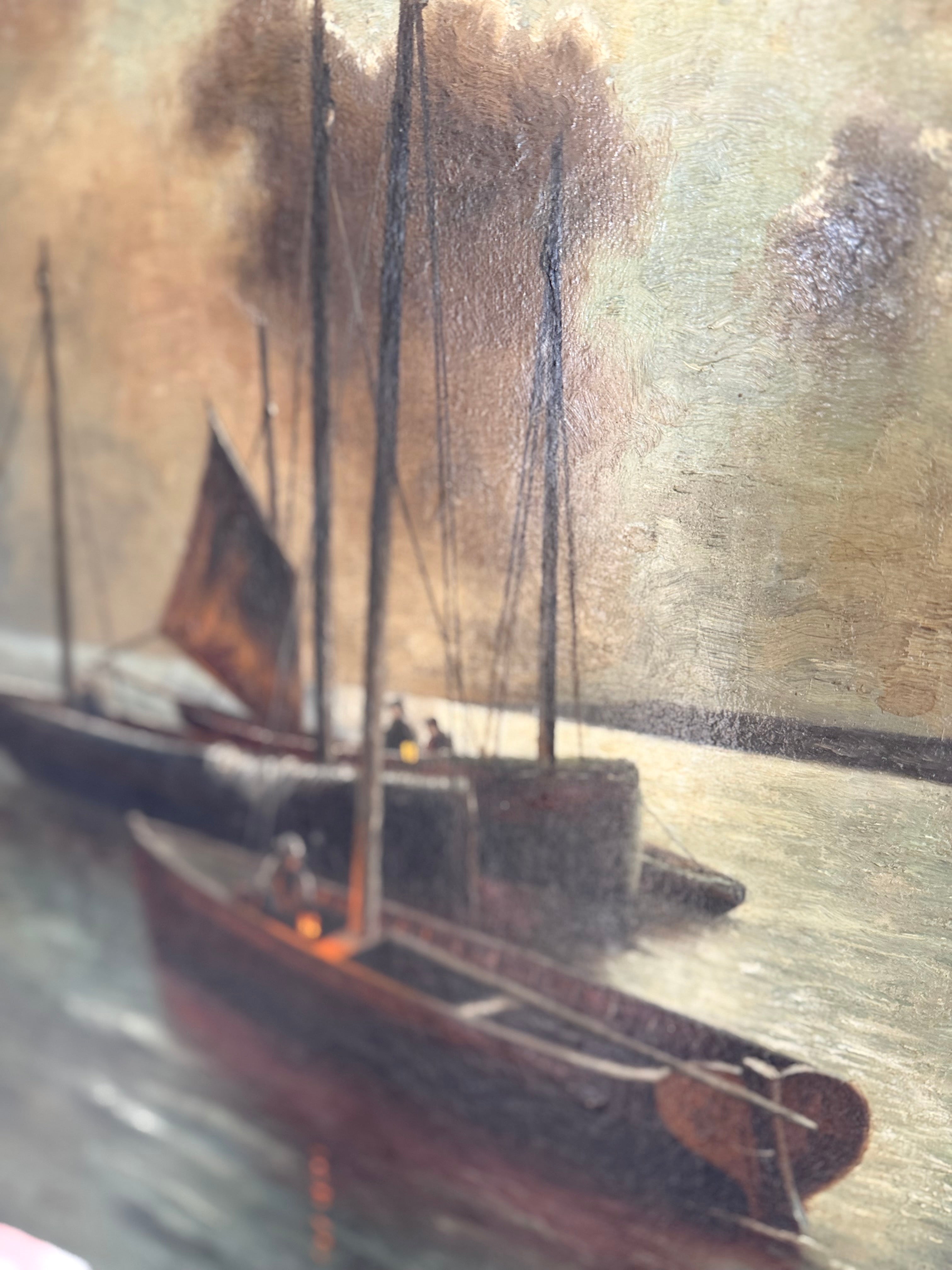 Harbor at Dusk , French Mid Century Vintage Oil Painting