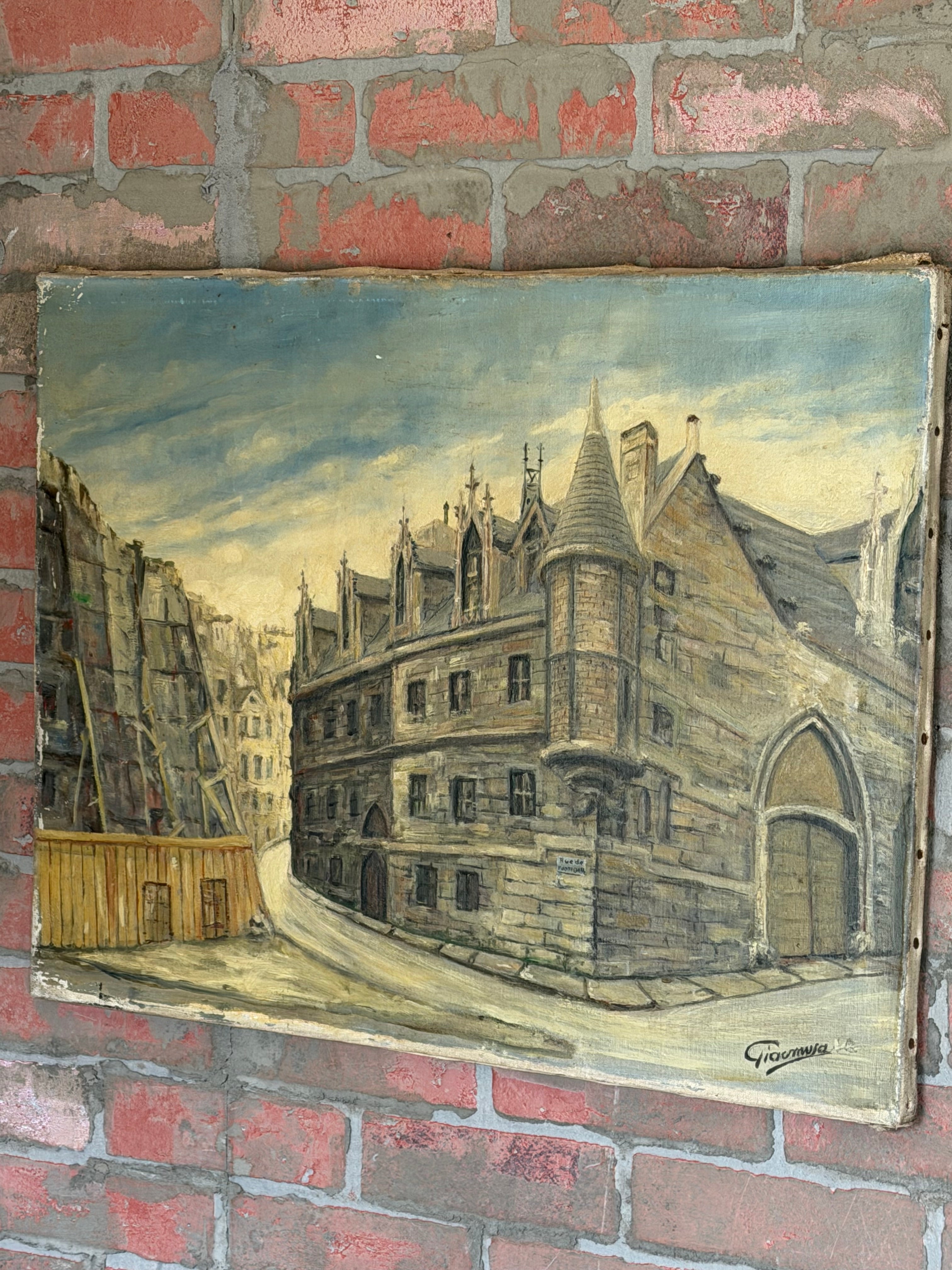 Vintage Marais, Paris Street Oil Painting – Hôtel de Sens Architectural Scene, Signed