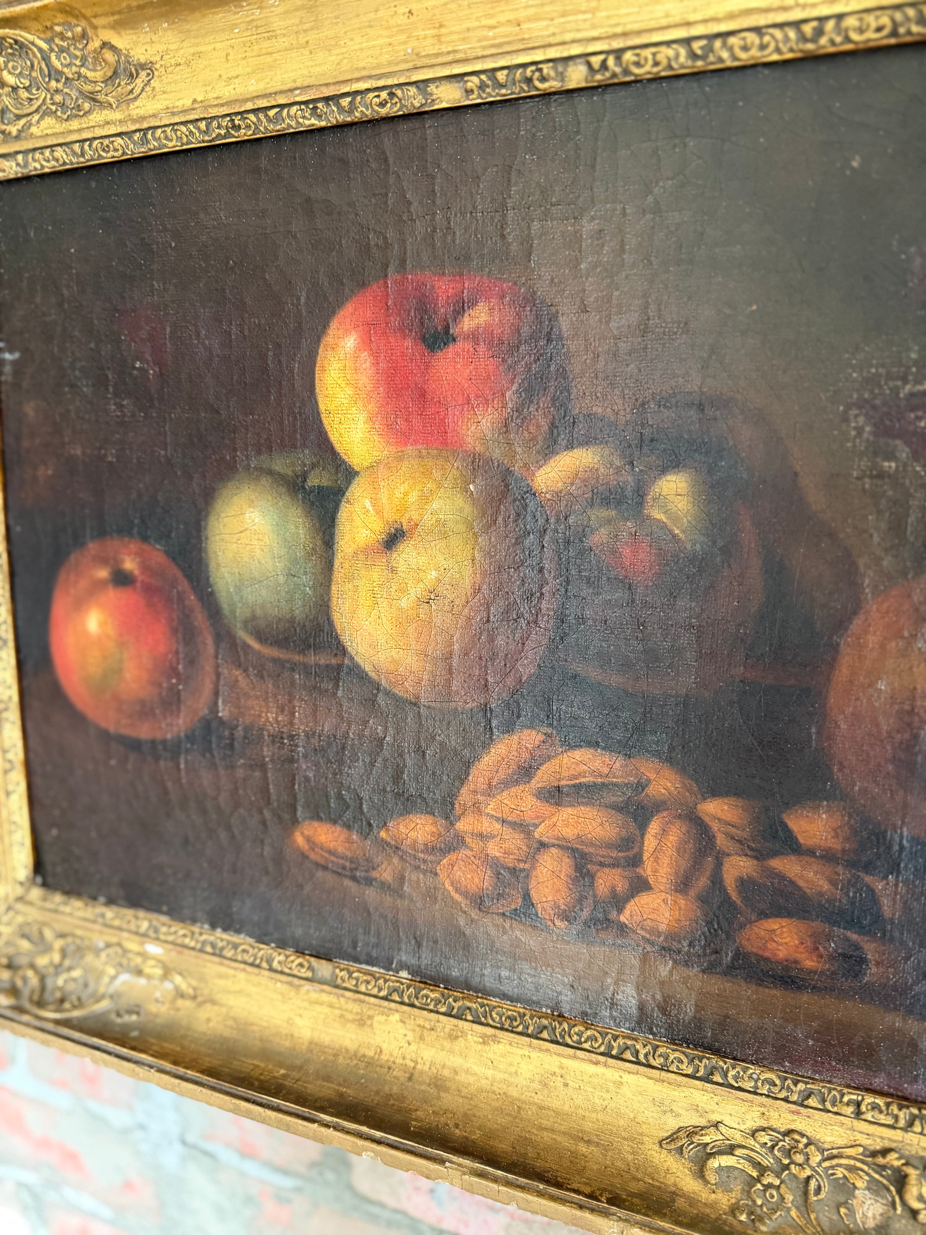Golden Light & Autumn Fruit — Antique European Still Life Oil Painting in Gilded Frame