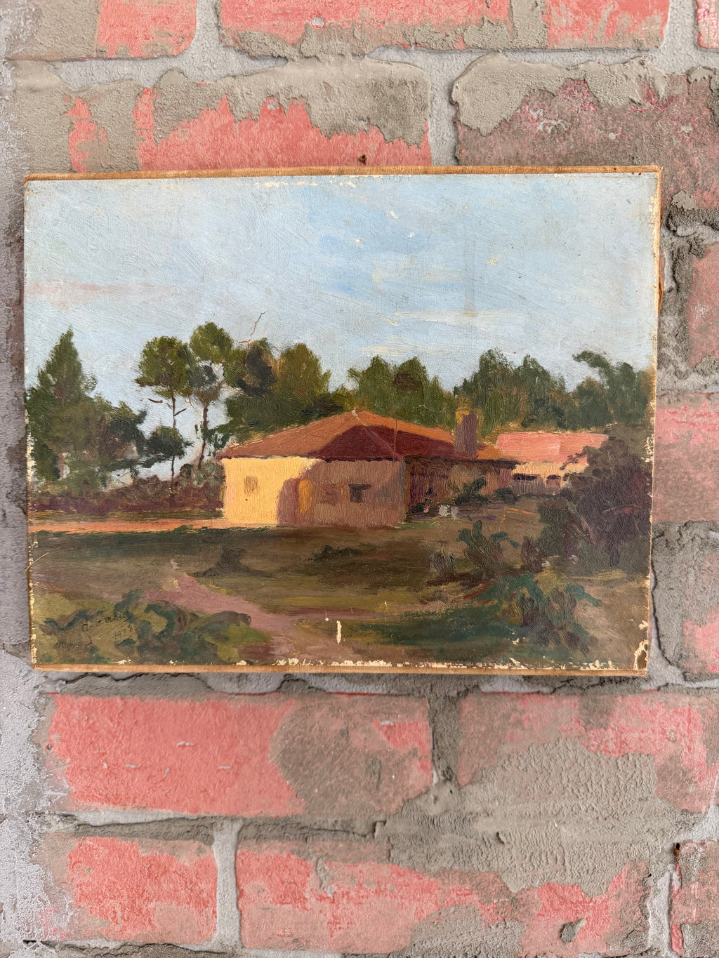 French Provincial Landscape Oil Painting – Sunlit Farmhouse Scene 1908