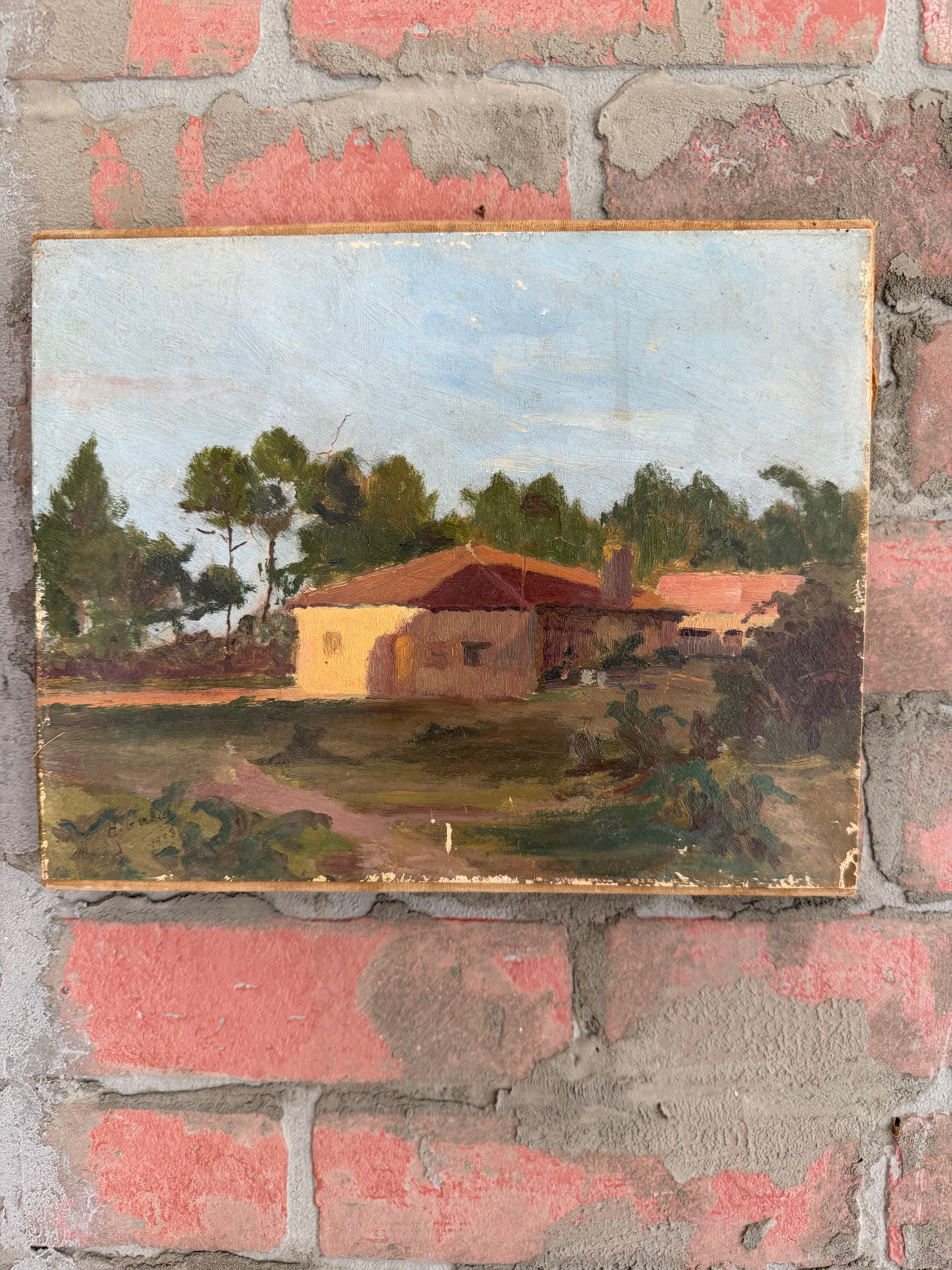 French Provincial Landscape Oil Painting – Sunlit Farmhouse Scene 1908